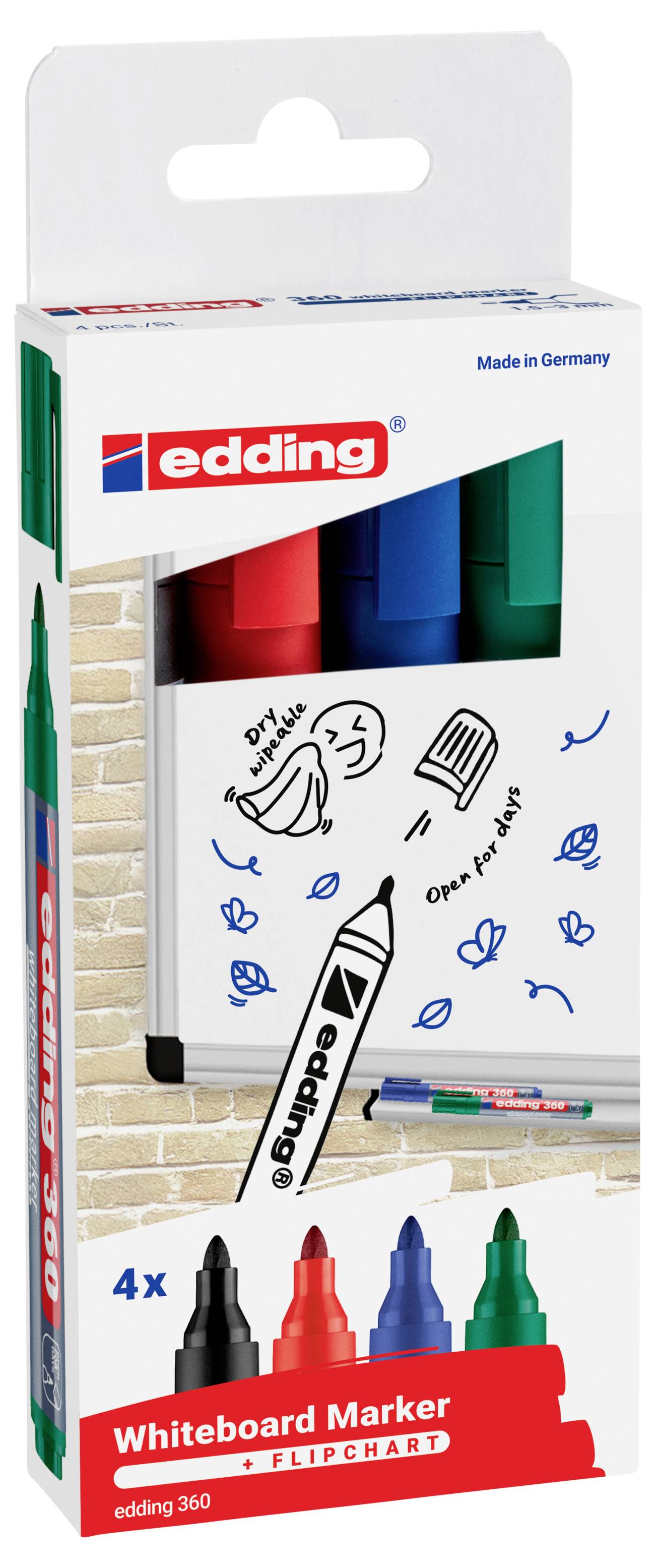 Edding EDDING - 360 Whiteboard-Marker farbsortiert 1.5 - 3.0 mm 4 St. 4-360-4-2 Whiteboardpenna Svart, Blå, Röd, Grön 1 -1