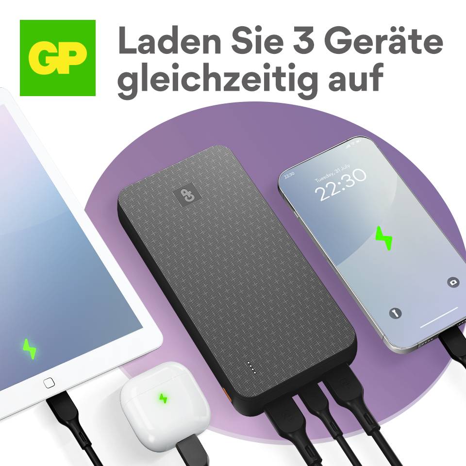 Powerbank laddar samtidigt en surfplatta, en smartphone och en liten enhet. Text i bilden: 'Ladda 3 enheter samtidigt'.