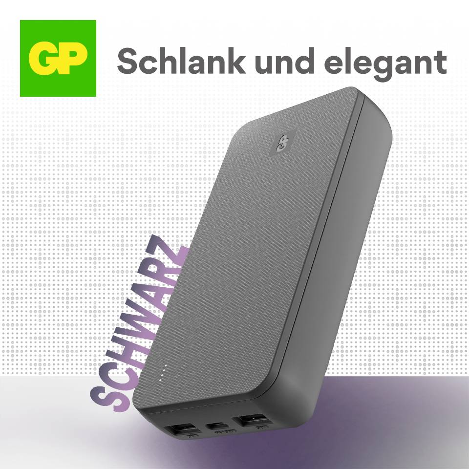 Svart powerbank, slimmad design, med tre USB-portar nedtill. Logotyp 'GP' upptill, bredvid text 'Tunn och elegant'.