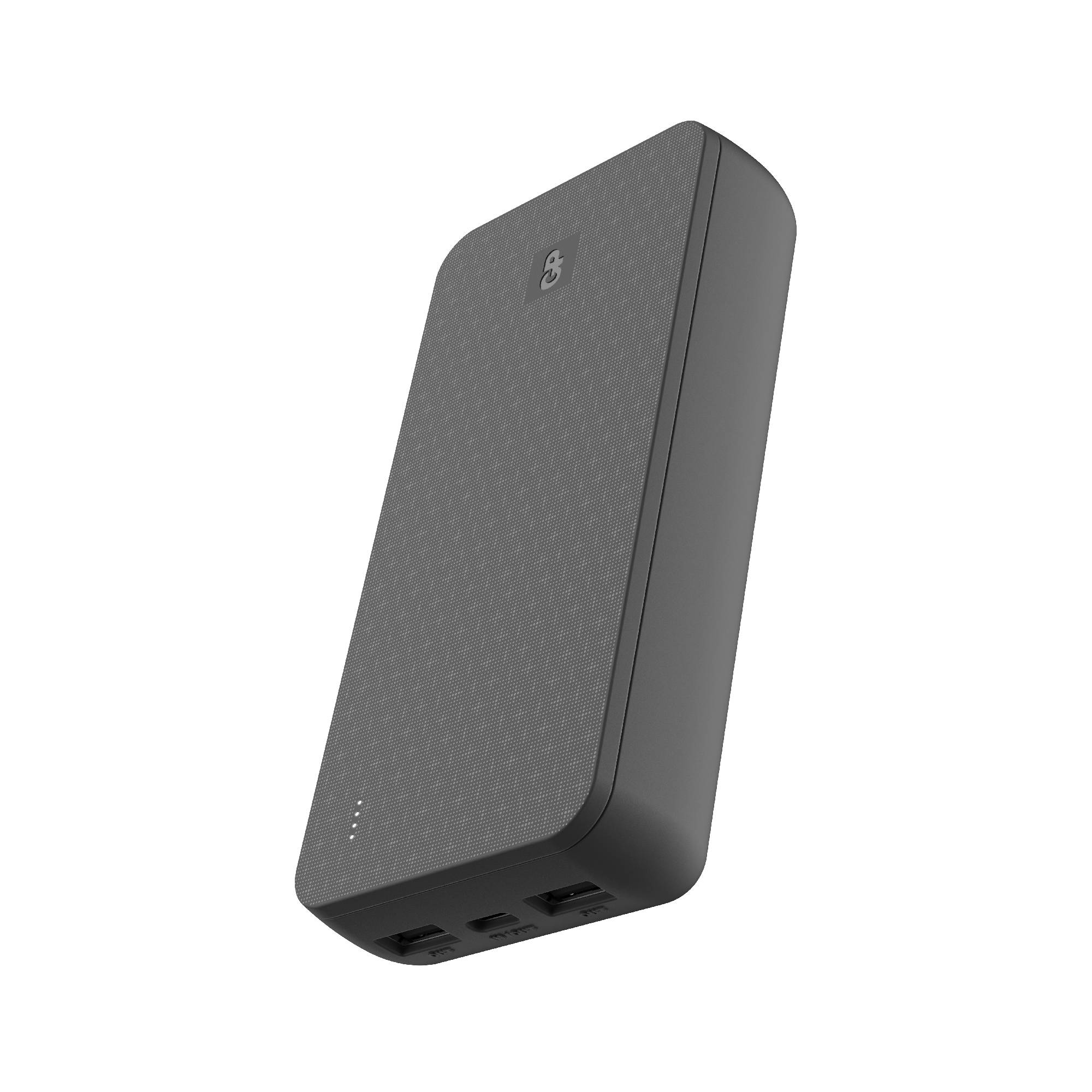 En svart bärbar powerbank med fyra USB-portar på undersidan och små laddningsindikator-LED:er på framsidan.