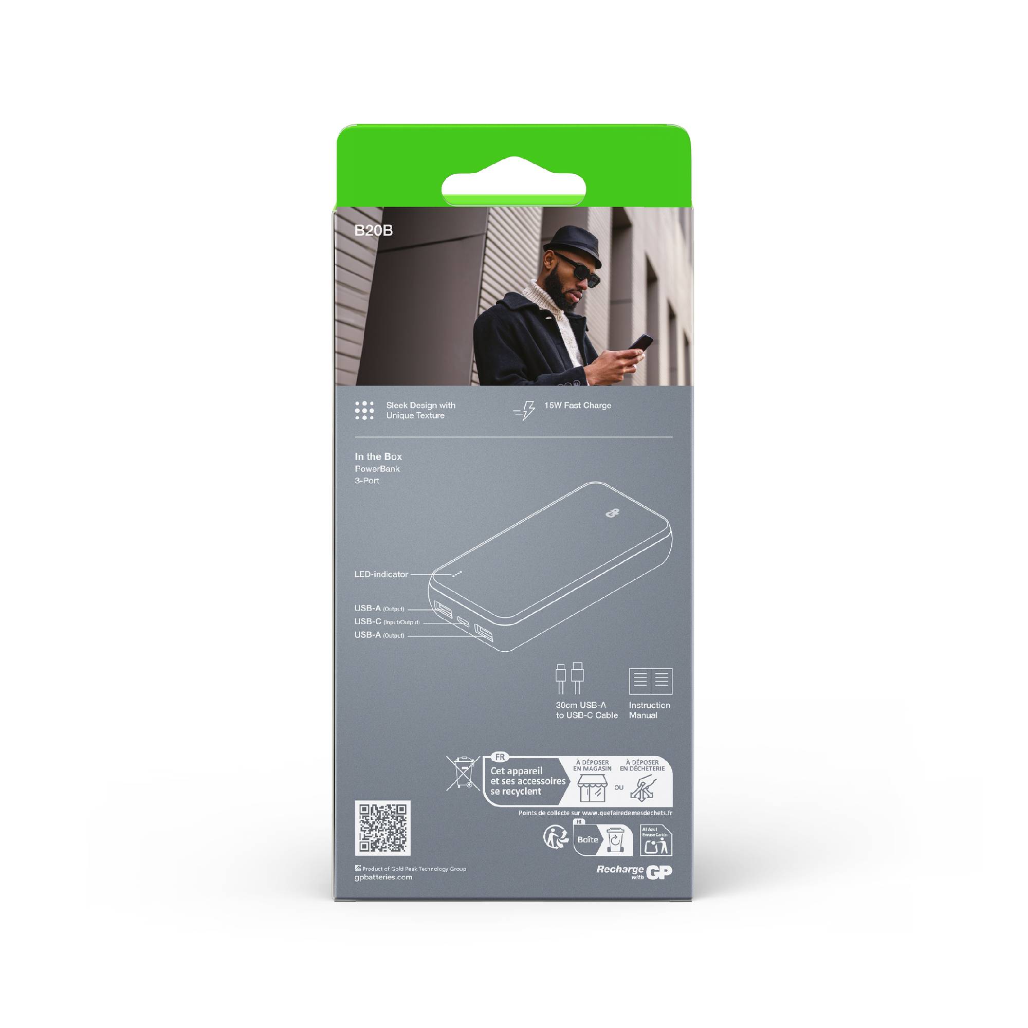 Förpackning till en powerbank med ett foto av en man. Text: 'LED-indikator, USB-C, USB-A'. Bild av en powerbank och symboler nedanför.
