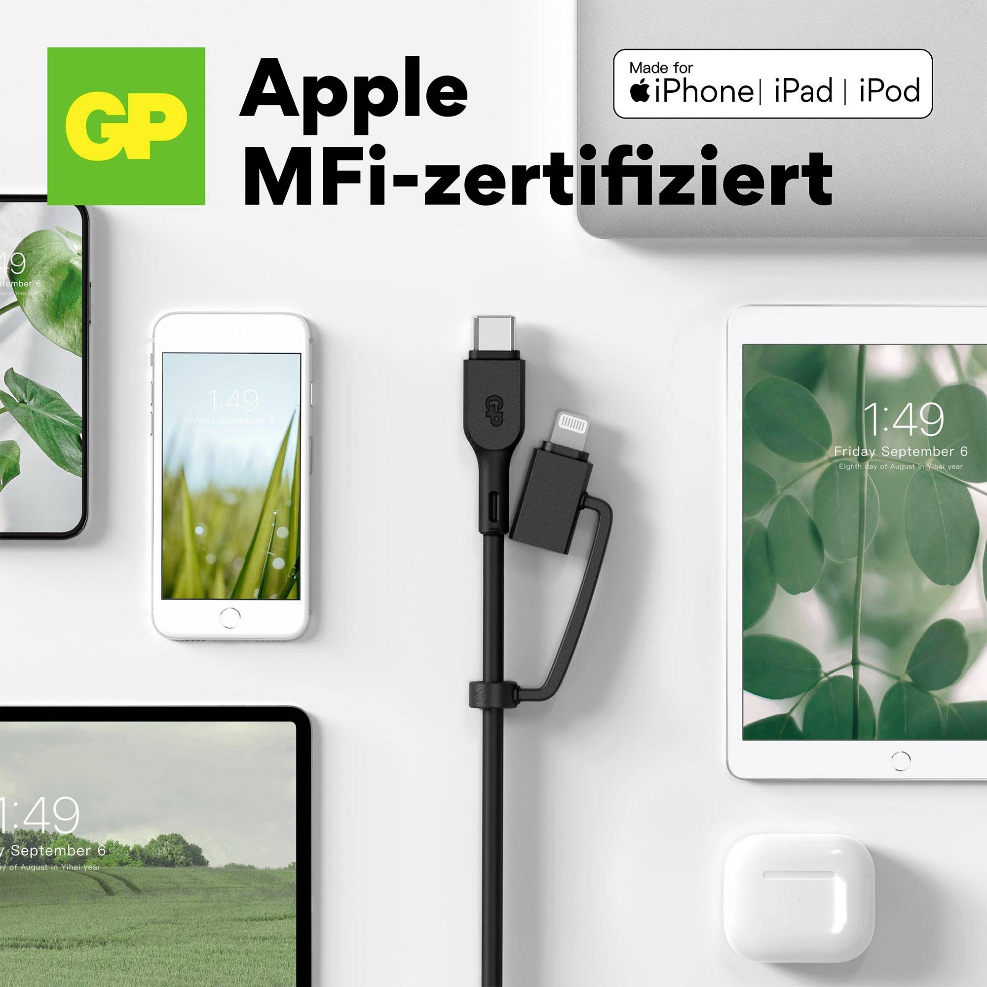 Äppel-MFi-certifierad kabel, omgiven av Apple-produkter som iPhone, iPad, iPod. GP-logotyp uppe till vänster.