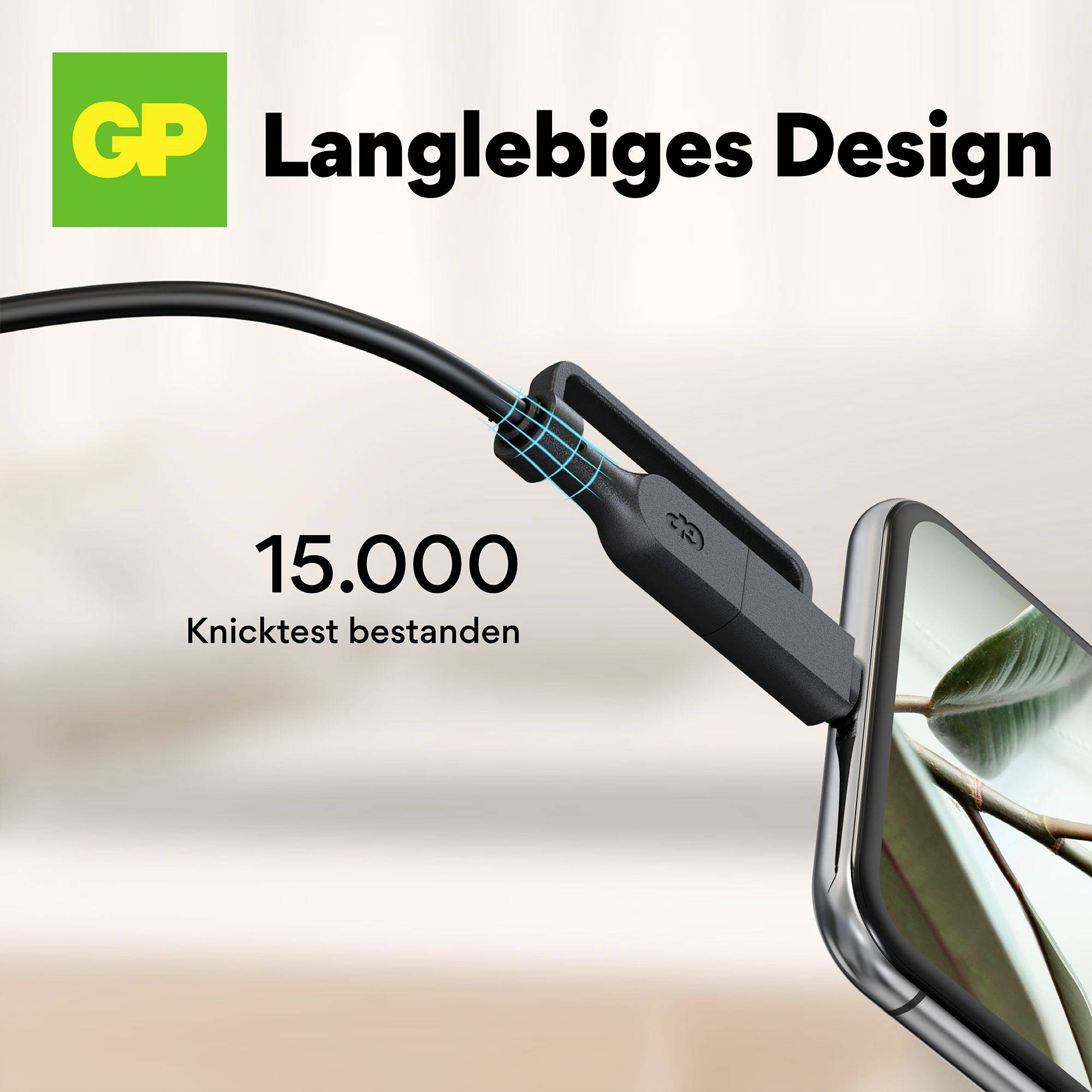 En smartphone med ett böjt laddningskabel. Text: 'Hållbar design'. Etikett: '15.000 böjtest klarade'.