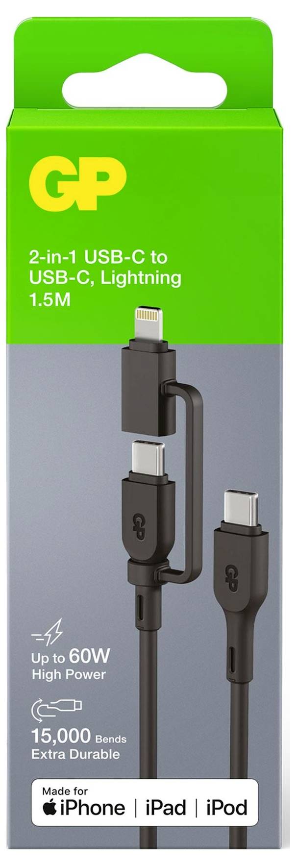 Ett 2-i-1 USB-C till USB-C och Lightning-kabel. Längd: 1,5 meter. Stöder upp till 60W effekt. Kompatibel med iPhone, iPad, iPod.