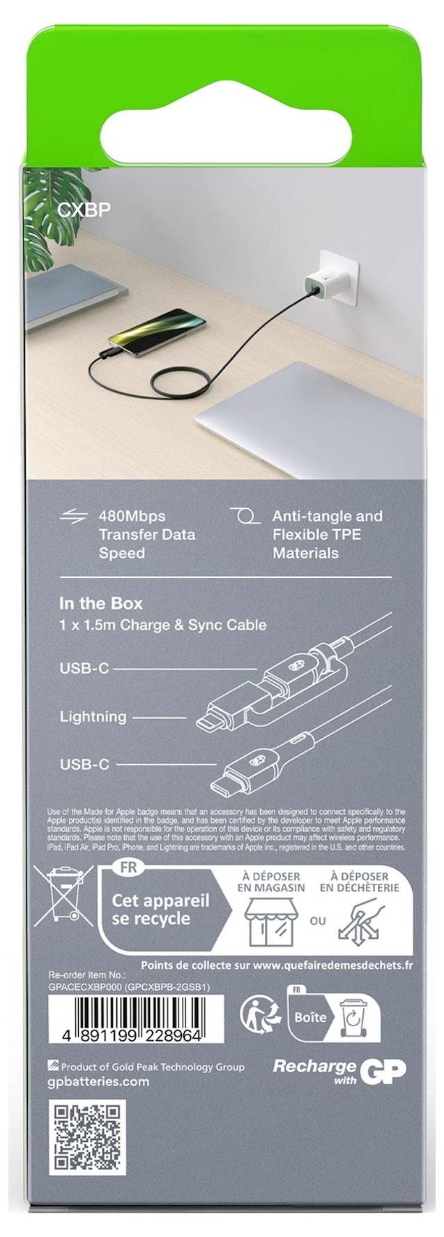 Förpackning för ett USB-C-laddkabel med 1,5 m längd. Egenskaper: 480 Mbps överföringshastighet, slitstarka material.