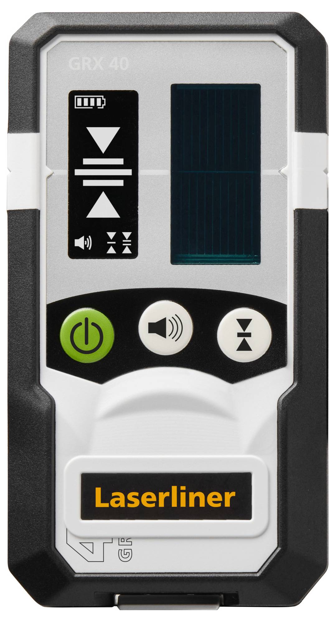 Lasermätare med manöverknappar och displayvisning. Batteriladdningsstatus, mätstatussymboler och varumärket 'Laserliner' synligt.