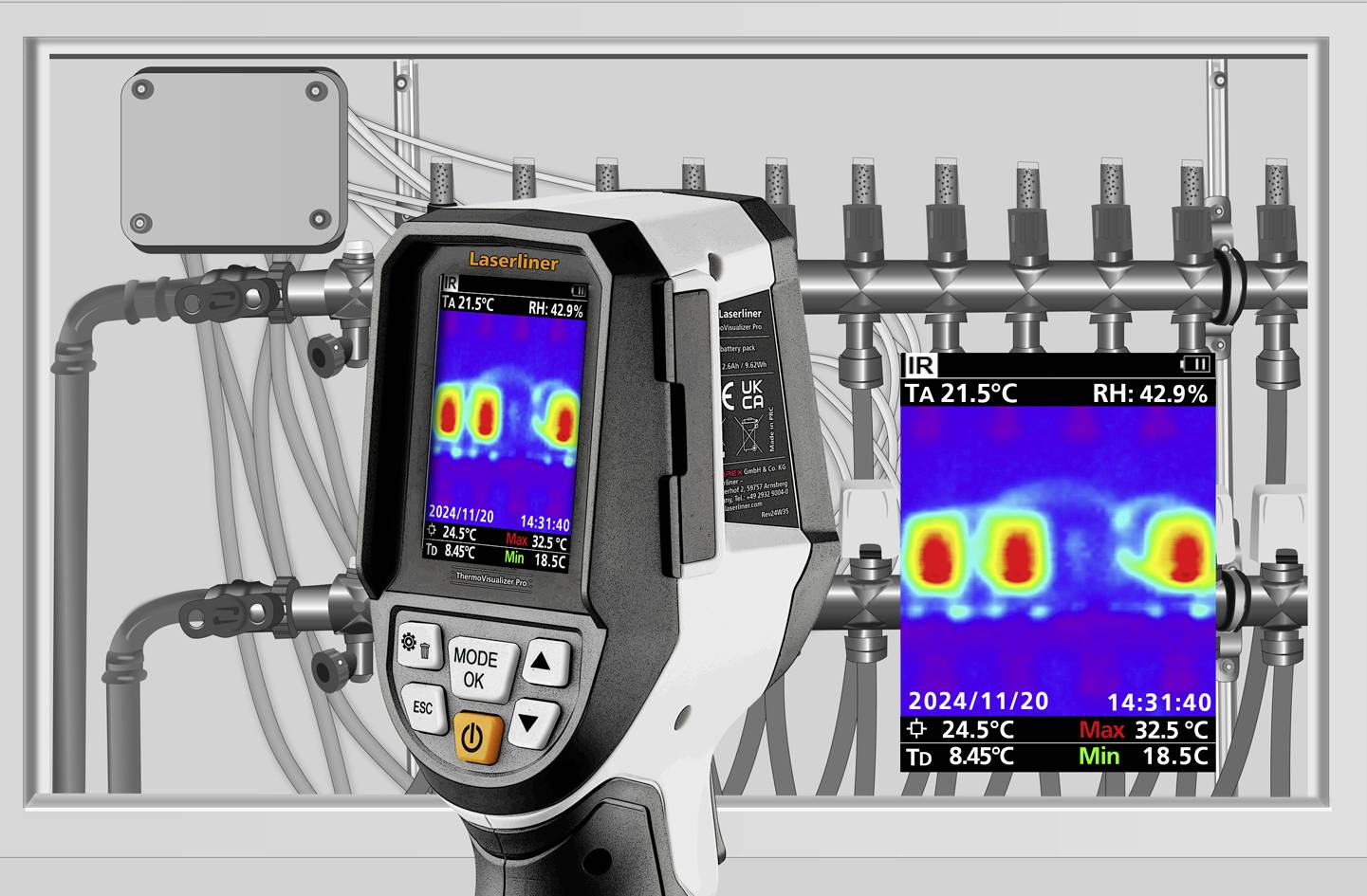 Ett infraröd-termometer visar värmemätningen av ett rörsystem. Displayen visar temperaturvärden och fuktighet.