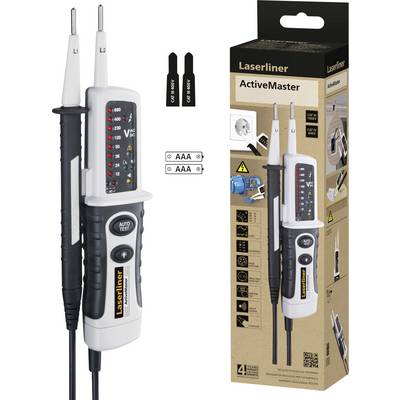 'Laserliner ActiveMaster' spänningstestare med LCD-skärm, inkluderade batterier och förpackning. Visar spänning och kontinuitet.