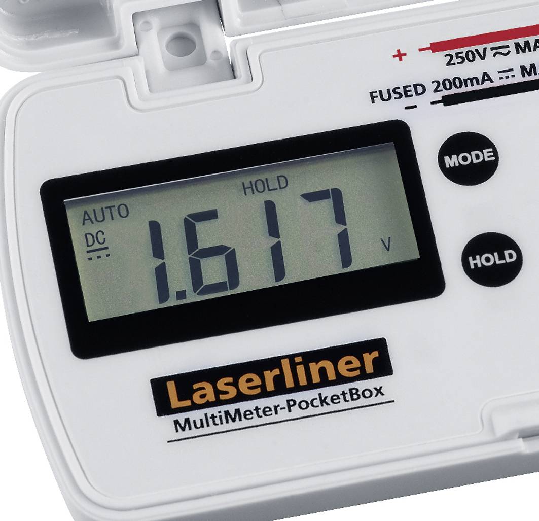Bilden visar ett digitalt multimeter i närbild. Skärmen visar värdet '1,617 V'. Tekniska specifikationer visas överst.