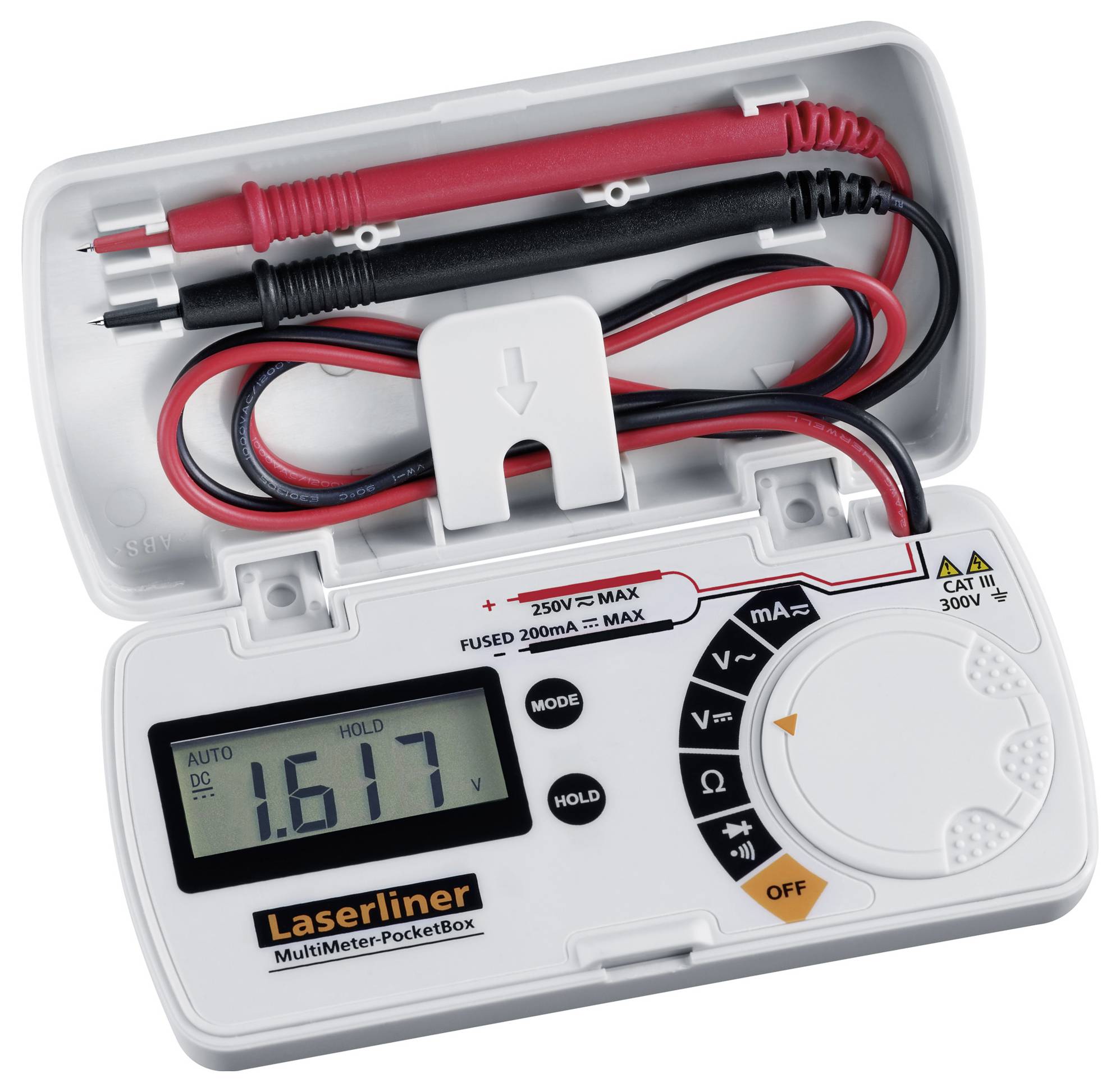 Ett digitalt multimeter med display visar '1,617 V'. Det är öppet och innehåller två mätledningar i svart och rött.