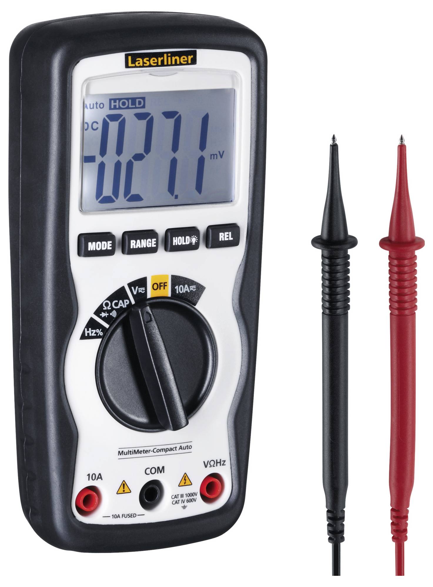 Ett digitalt multimeter med svarta och röda mätspetsar, visar '-027,1 mV' på displayen.