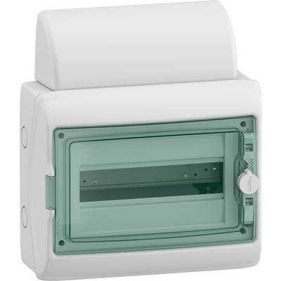 Ett vitt, rektangulärt hölje med ett transparent grönt lock. Används för förvaring av elektriska komponenter.