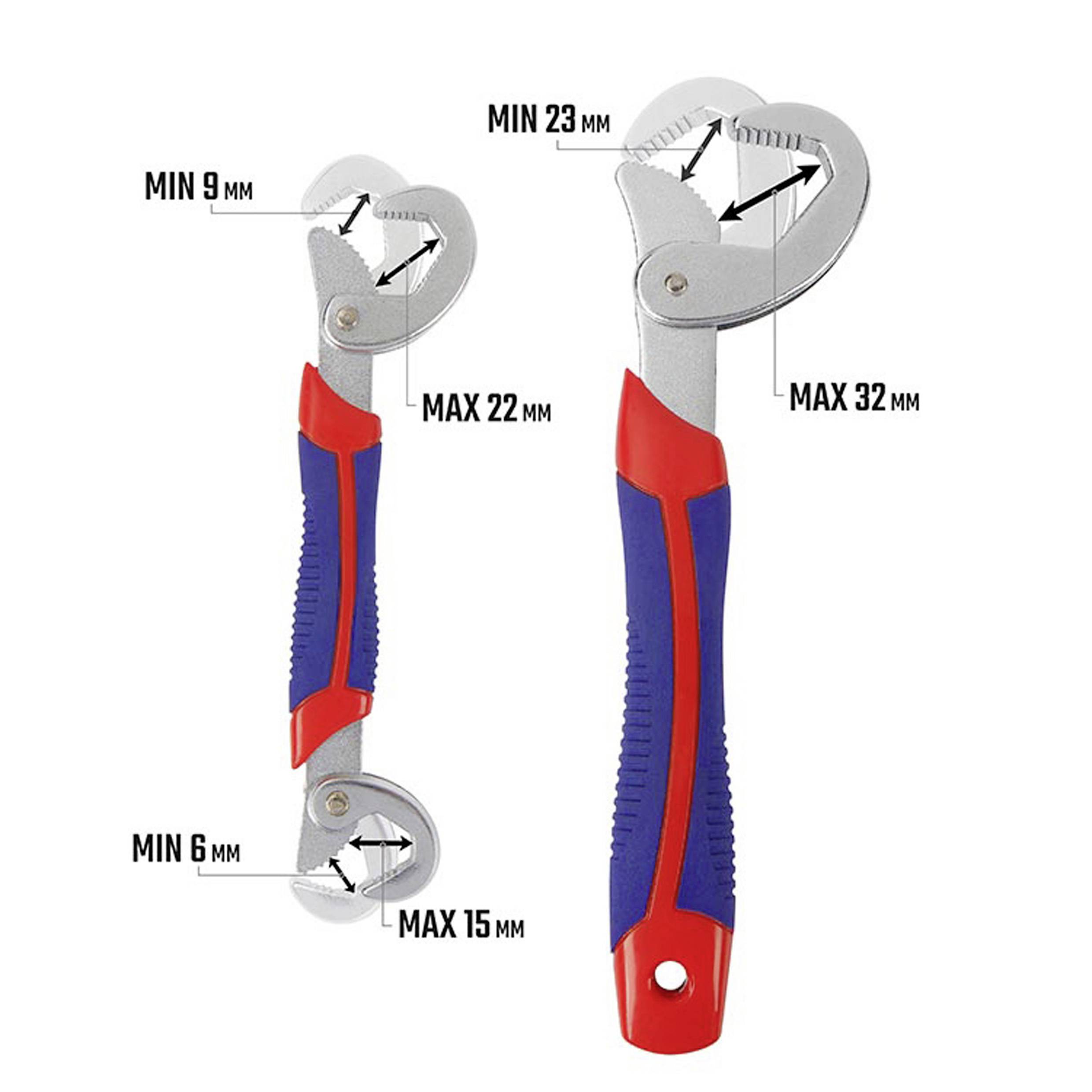 Två justerbara skiftnycklar med röda och blå handtag, en liten med storleksintervall Min 6 mm-Max 15 mm, en stor med intervall Min 23 mm-Max 32 mm.