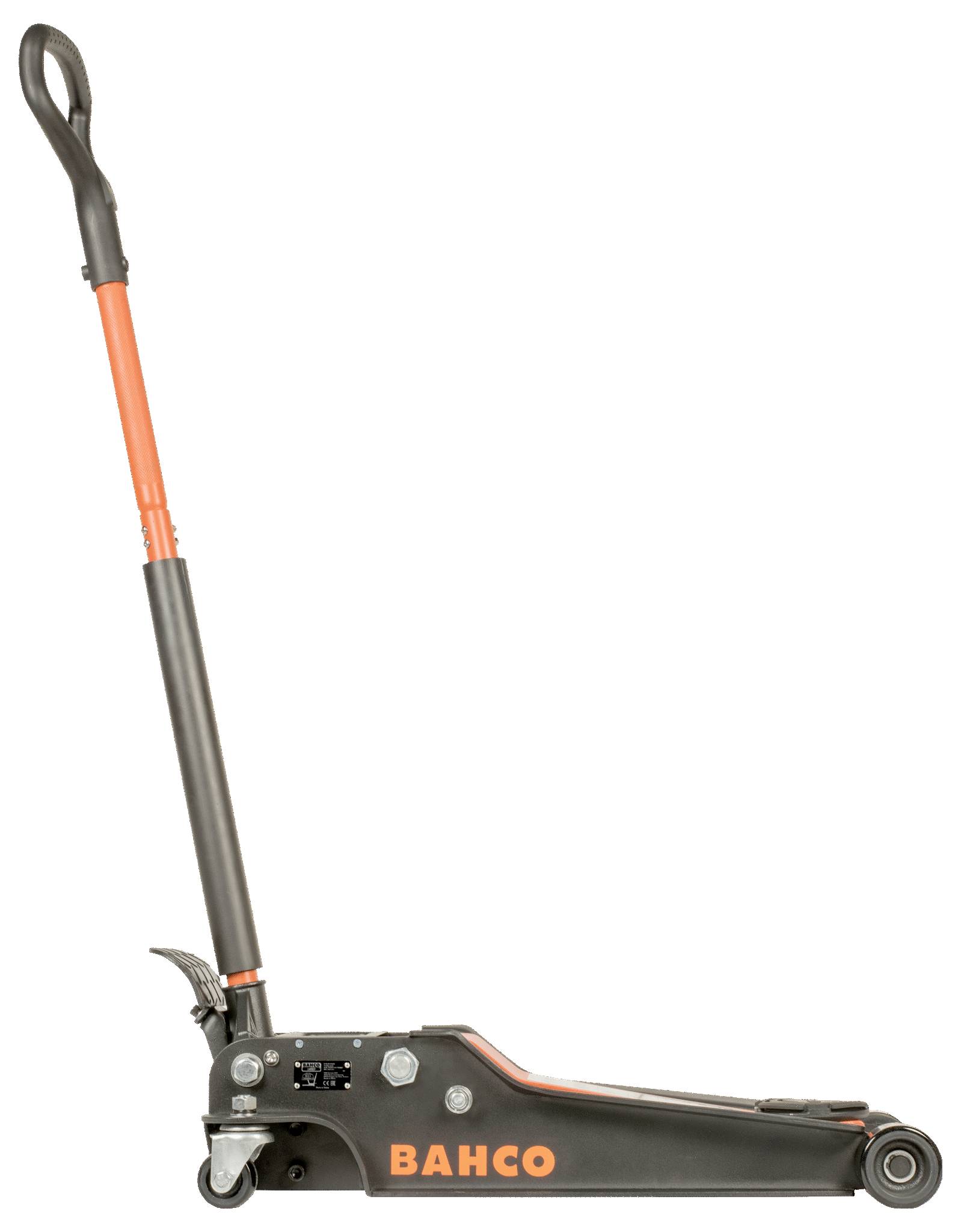 Bahco domkraft av metall med orange handtag, sedd från sidan.