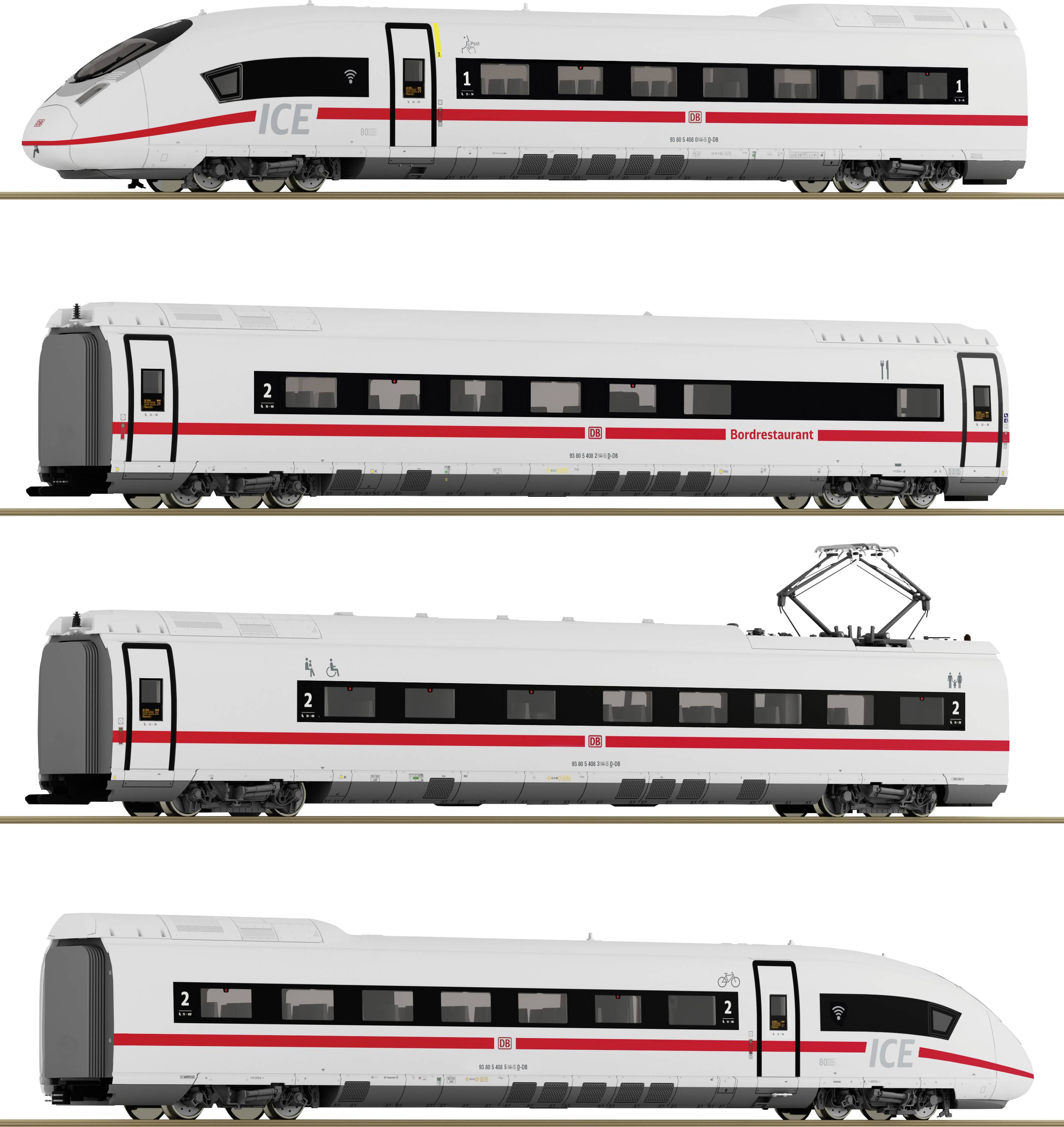 Fyra vyer av ett modernt ICE-tåg med restaurang-, passagerar- och strömöverförningsvagnar. Tåget riktat från sidan.