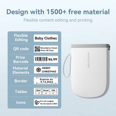 Mobil skrivare med flexibelt innehåll. Innehåller mall för 'Babykläder', prisstreckkod, materialsymboler, QR-kod och designelement.