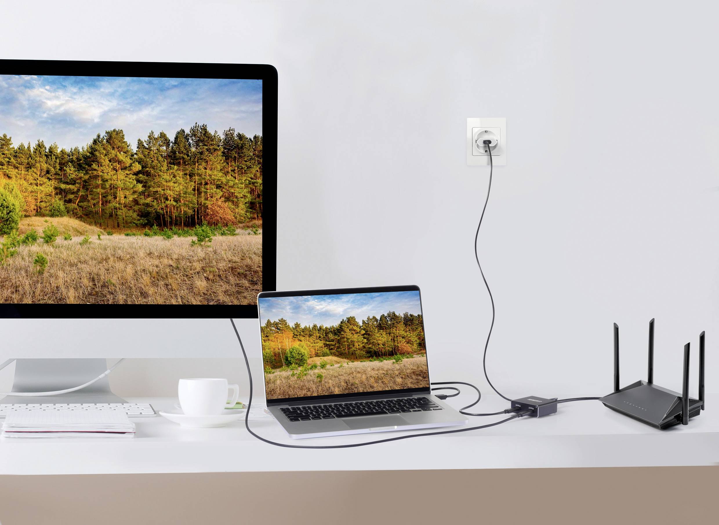 Laptop och skärm visar en höstlig skogslandskap. Laptopen är ansluten till en router. Kontorsinredning med en vit mugg.