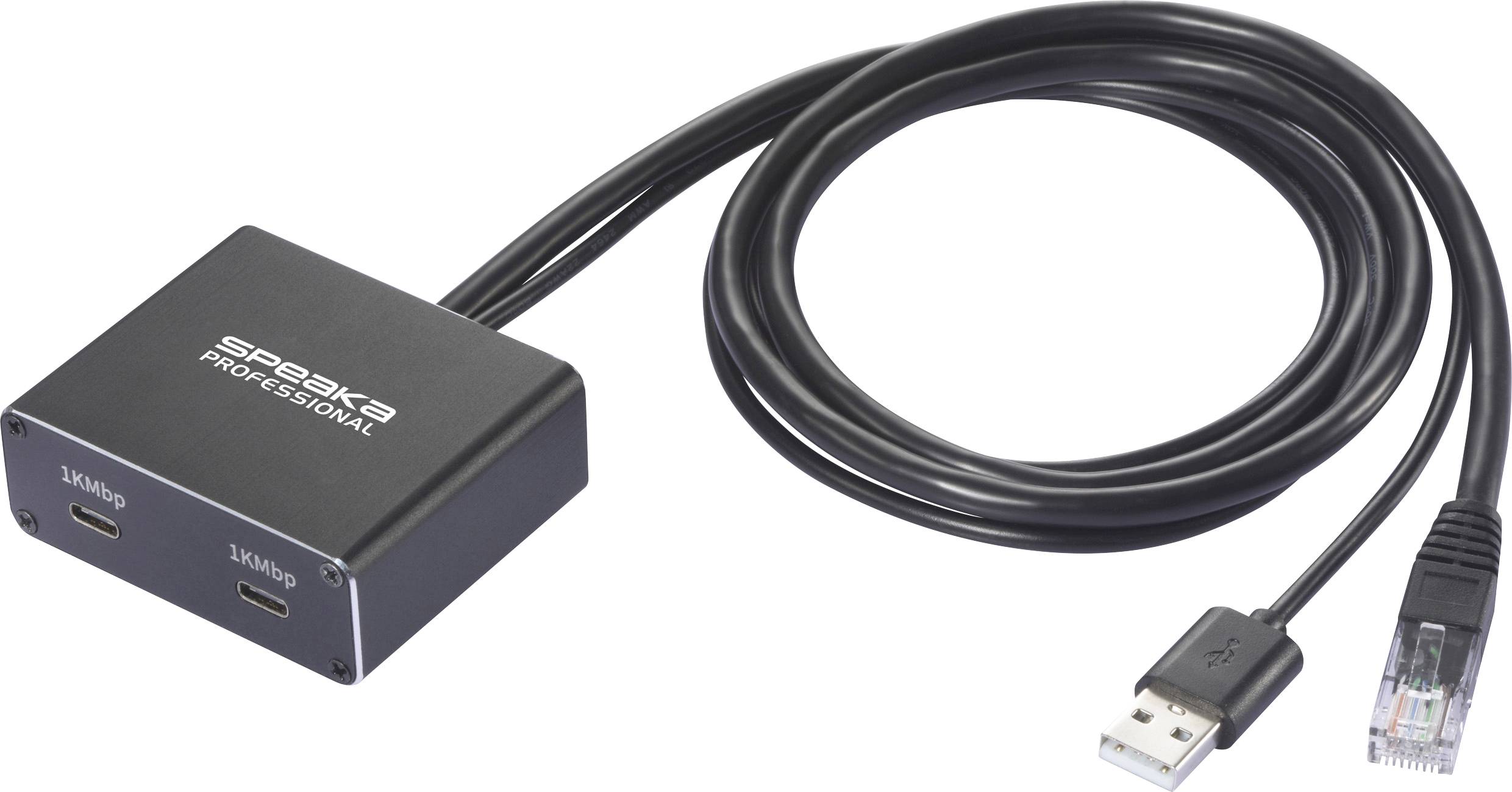 Svart USB-C-adapterkabel med två ingångar och en USB-A- och Ethernet-kontakt, lämplig för professionella anslutningar.