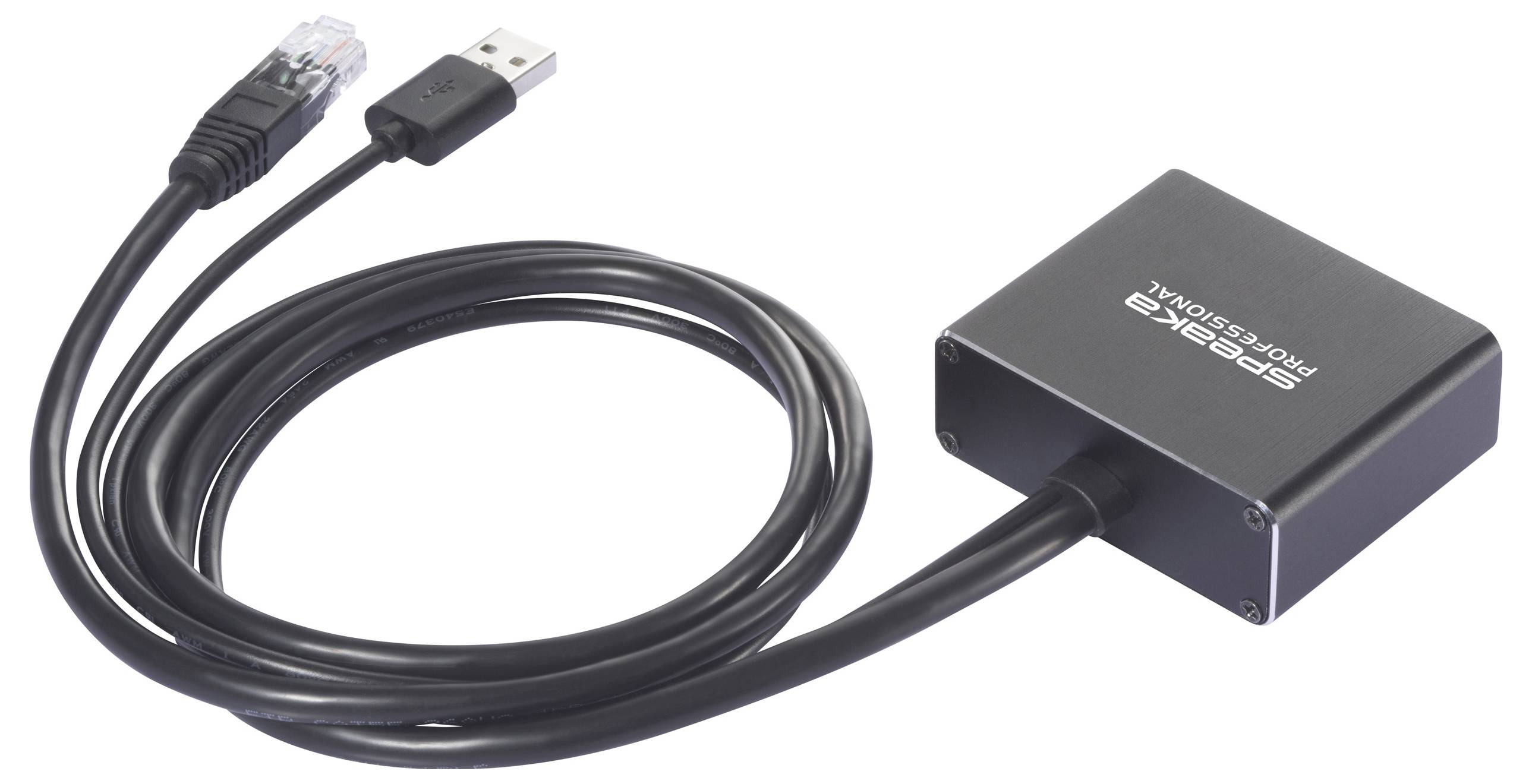 Svart USB-kabel med två anslutningar: en USB-kontakt och en Ethernet-kontakt, ansluten till en rektangulär, svart adapter.