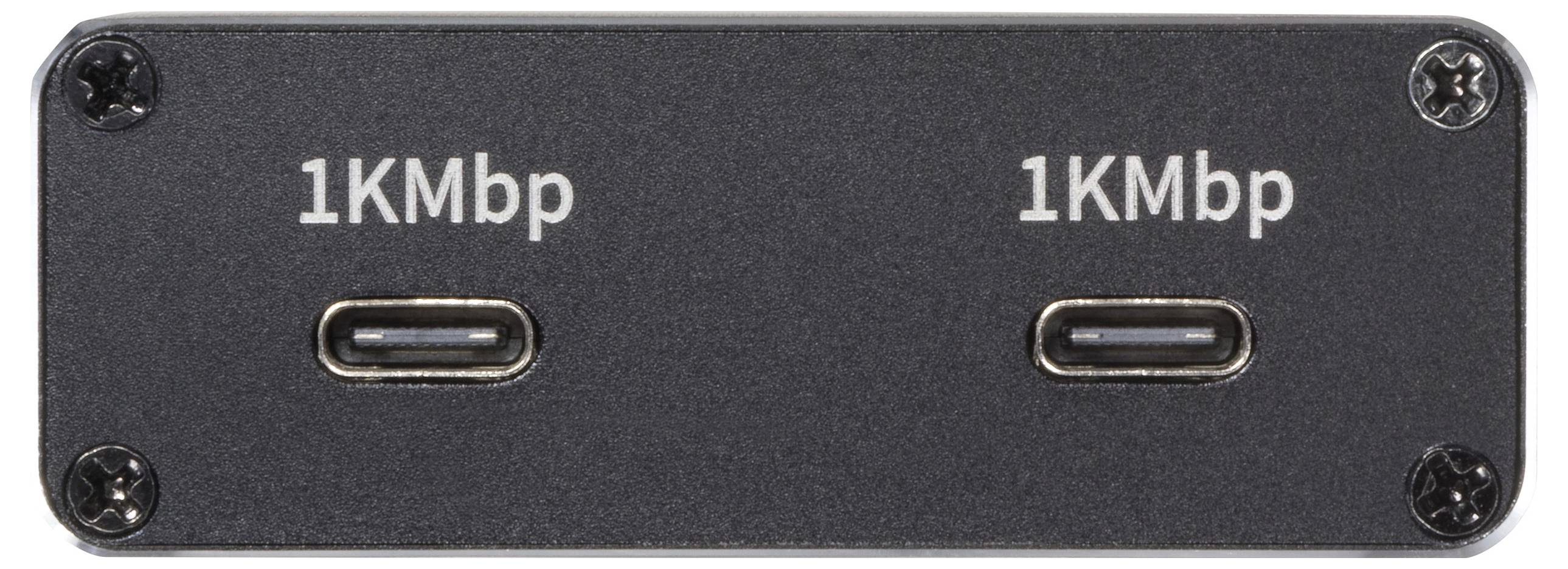 En svart elektronisk enhet med två USB-C-portar, märkt med '1KMbp'.