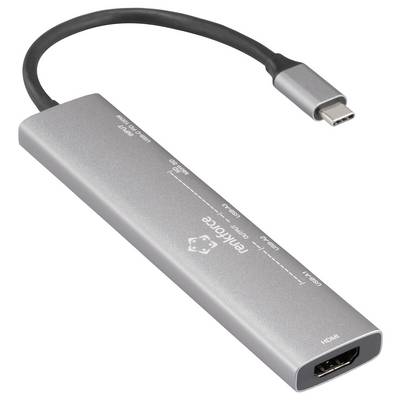 En grå USB-C-hubb med HDMI, Ethernet och USB-portar, designad för att ansluta flera enheter till en bärbar dator.
