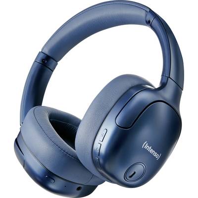 Blå over-ear-hörlurar med mjuka öronkuddar och tydliga kontrollknappar på sidan; märket 'Intenso' synligt.