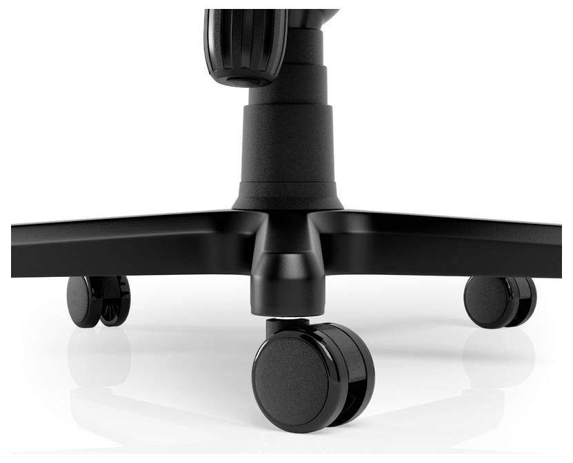 Svarta hjul vid basen av en kontorsstol visar stabilitet och rörlighet.