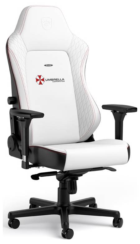 En vit gamingstol med svarta och röda accenter. Logotypen 'Umbrella' är broderad på ryggstödet.