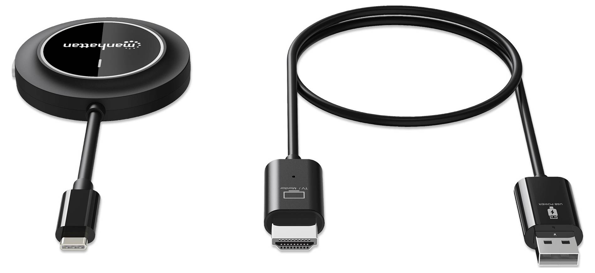En trådlös HDMI-sändare med USB-kabel, lämplig för presentationer eller videoöverföring; huvudenhet till vänster med rundad design.