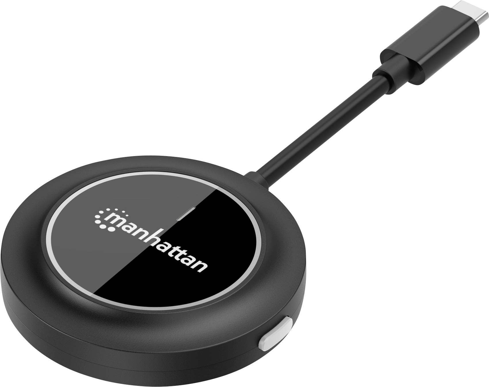 Svart USB-C-adapter med inskriften 'Manhattan', rundad design, kabel på ena sidan. Ansluter enheter med USB-C-port.