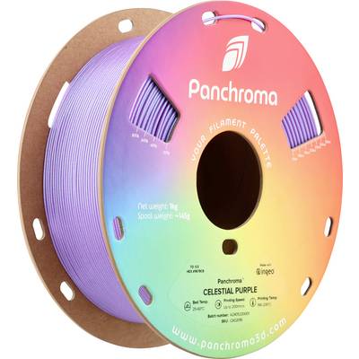 Panchroma 3D-skrivarfilament i lila på en spole. Etiketten visar 'Celestial Purple', 1 kg vikt och utskriftstemperaturer.