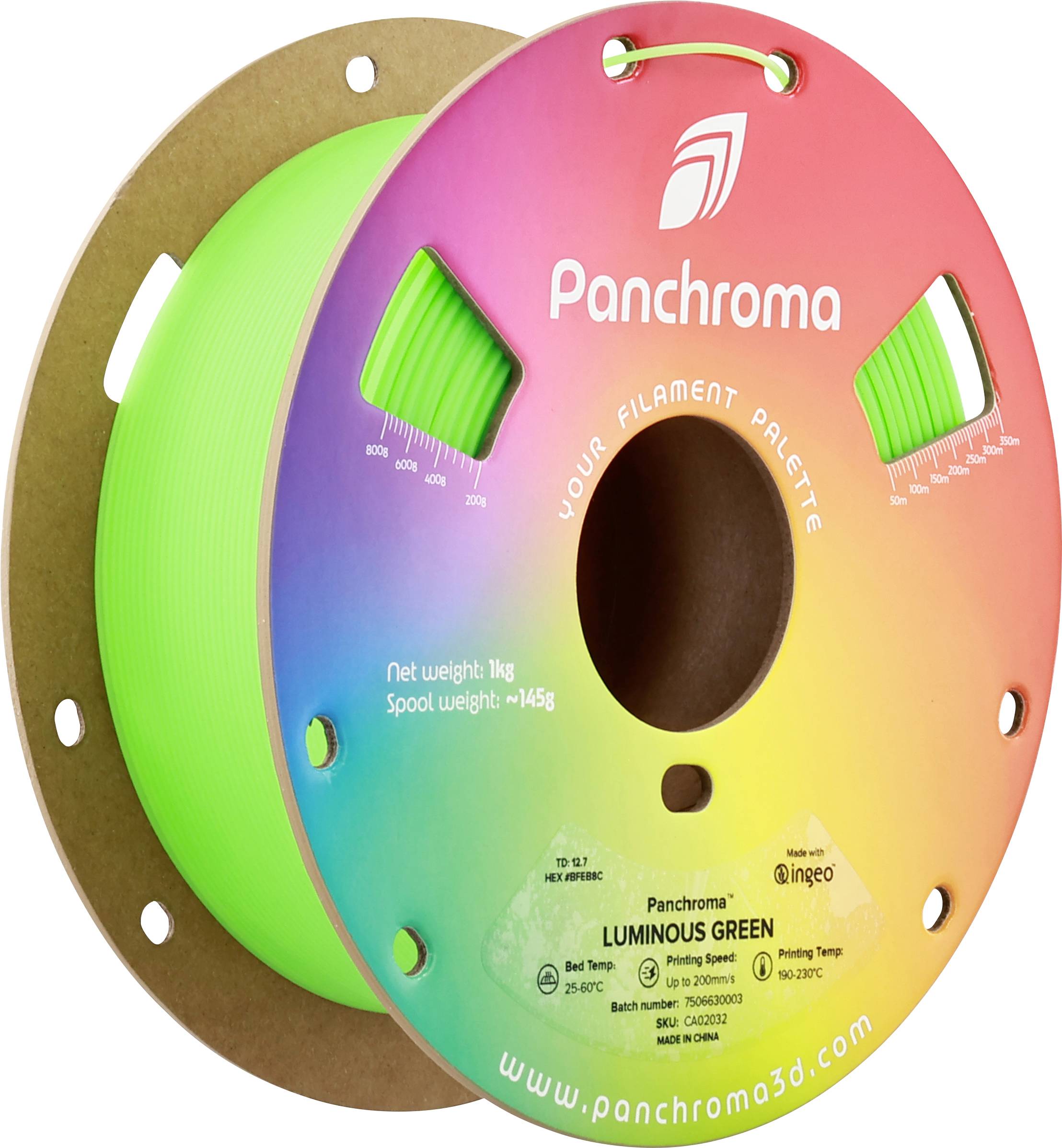 En rulle grön 3D-skrivarfilament från Panchroma, vikt 1 kg, färgton 'Luminous Green', på kartongspole.