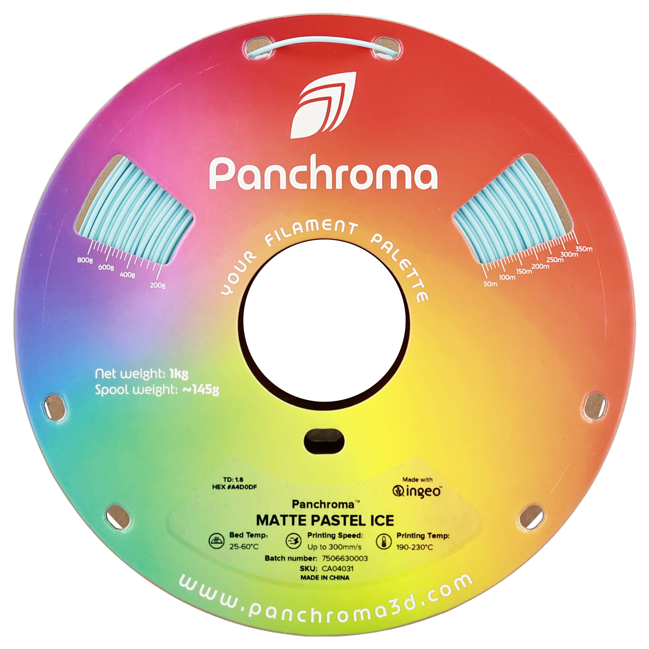 'Panchroma' Filamentrulle, Matt Pastell Is. Vikt: 1kg, Spole: 145g. Temperaturområde: 190-230°C. Tillverkarlogotyp och webbsida inkluderade.