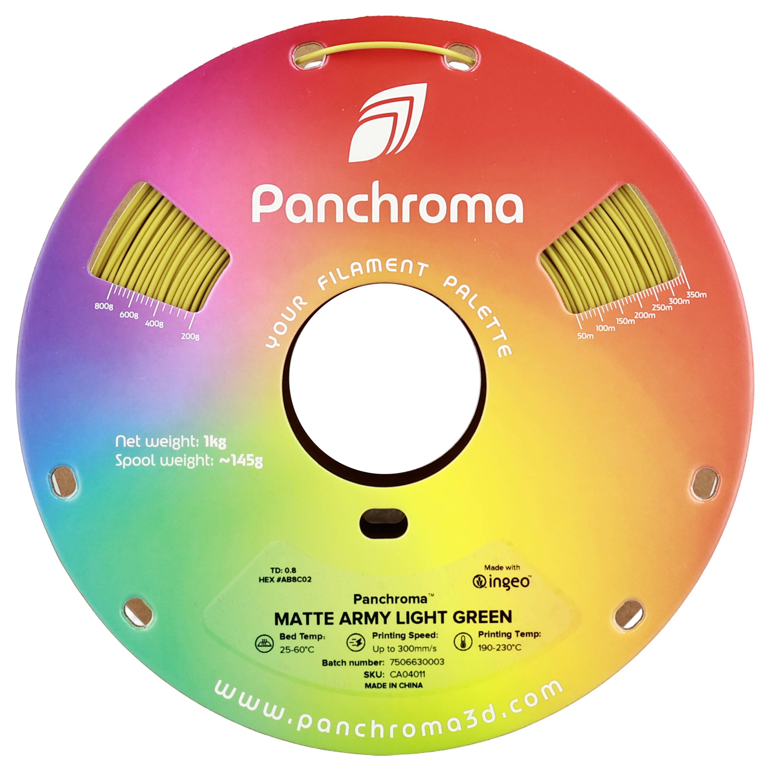 Rund låda för 3D-printfilament i regnbågsfärger. Text: 'Panchroma', 'YOUR FILAMENT PALETTE'. Vikt: 1kg netto, 145g spole.