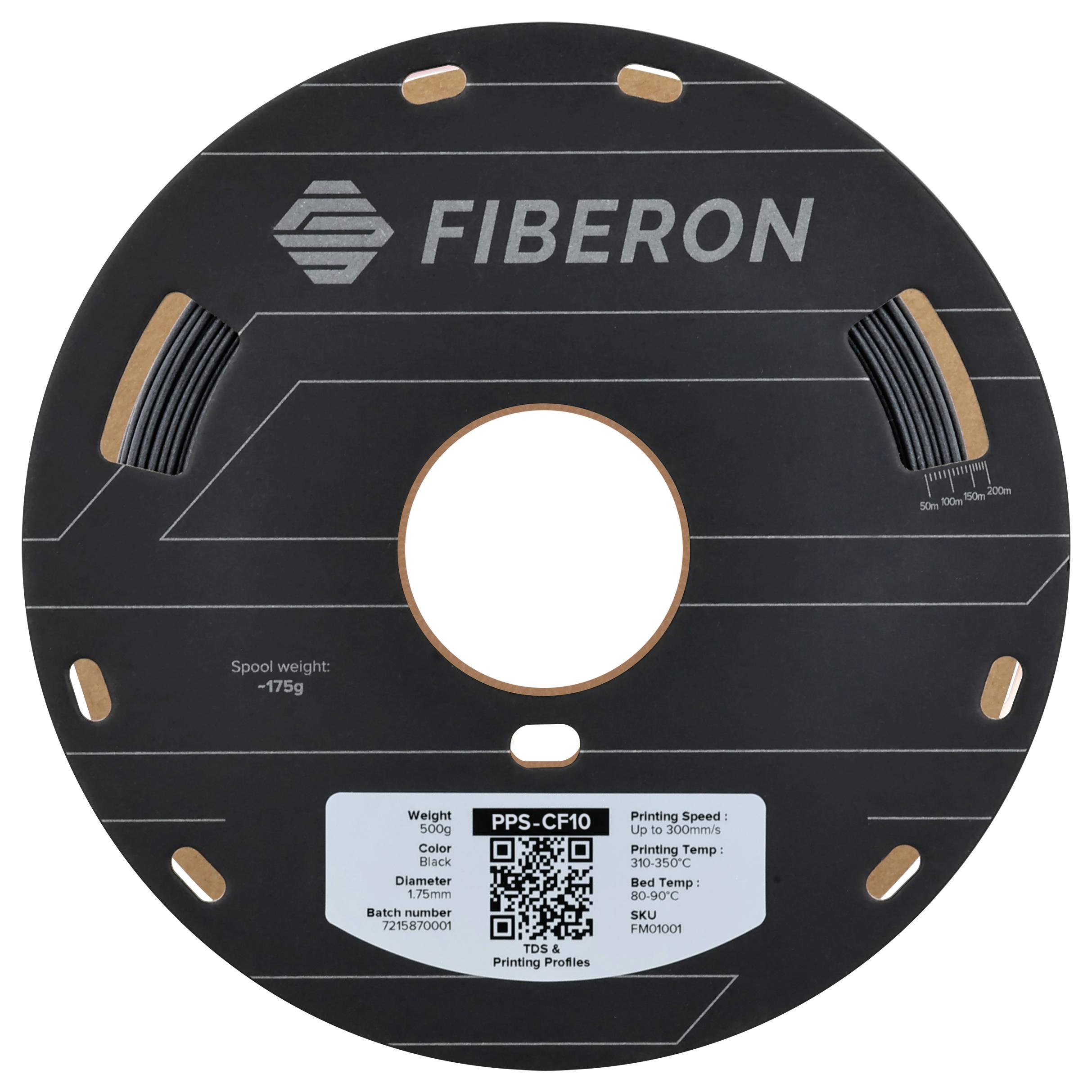En rund, svart plastikrulle med texten 'FIBERON'. Innehåller information om vikt, temperatur, färg och partinummer.