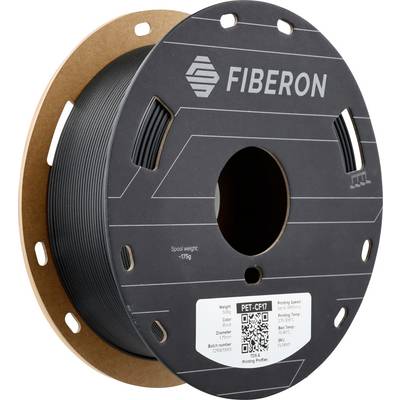 En svart filamentrulle av märket 'Fiberon' för användning i 3D-skrivare, visar vikt, QR-kod och tekniska specifikationer.