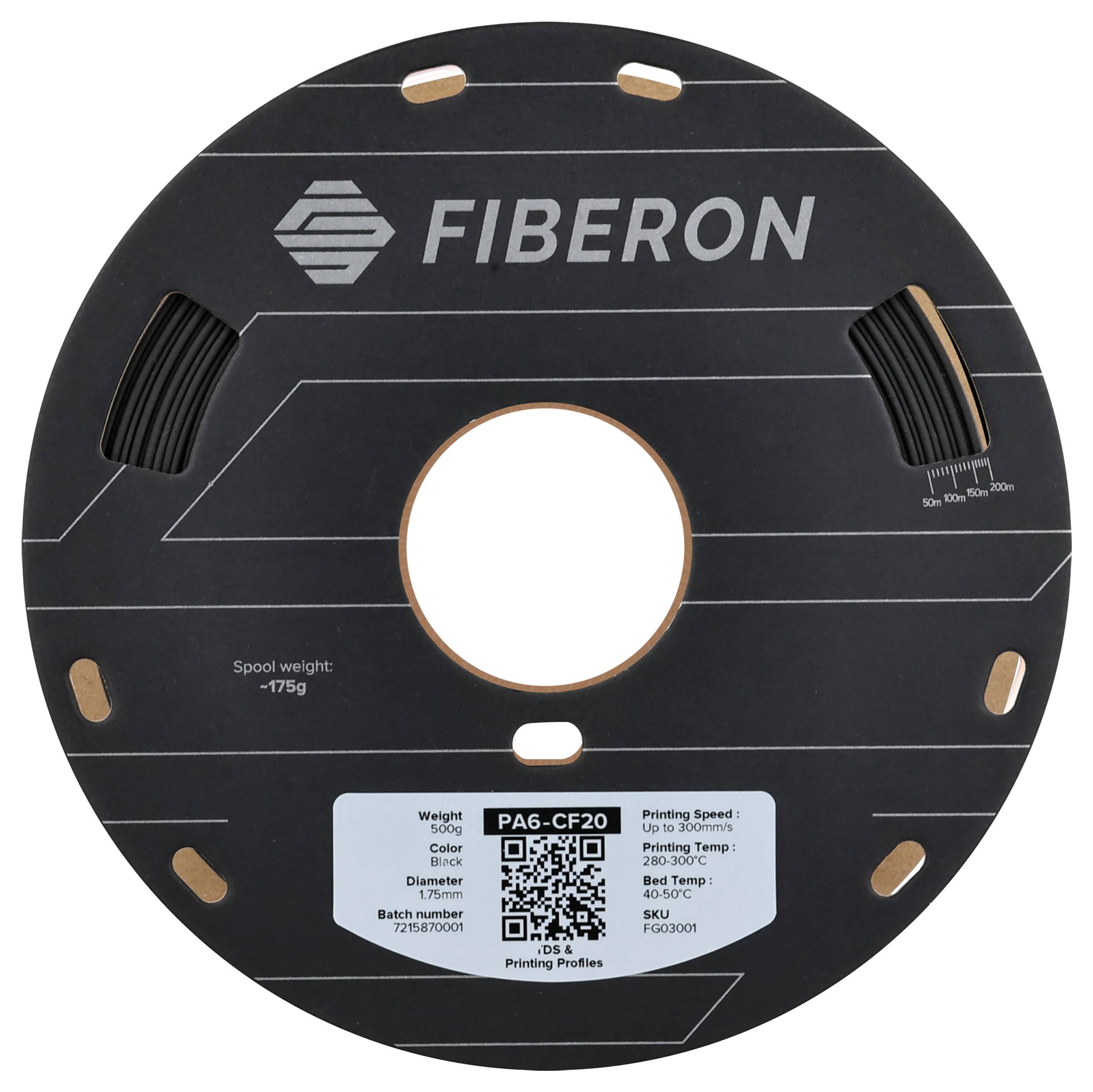 Svart spole med 3D-utskriftsmaterial "FIBERON". Detaljer: Vikt 175g, Typ PA6-CF20, Utskriftstemperatur 280°C, Hastighet 100 mm/s.