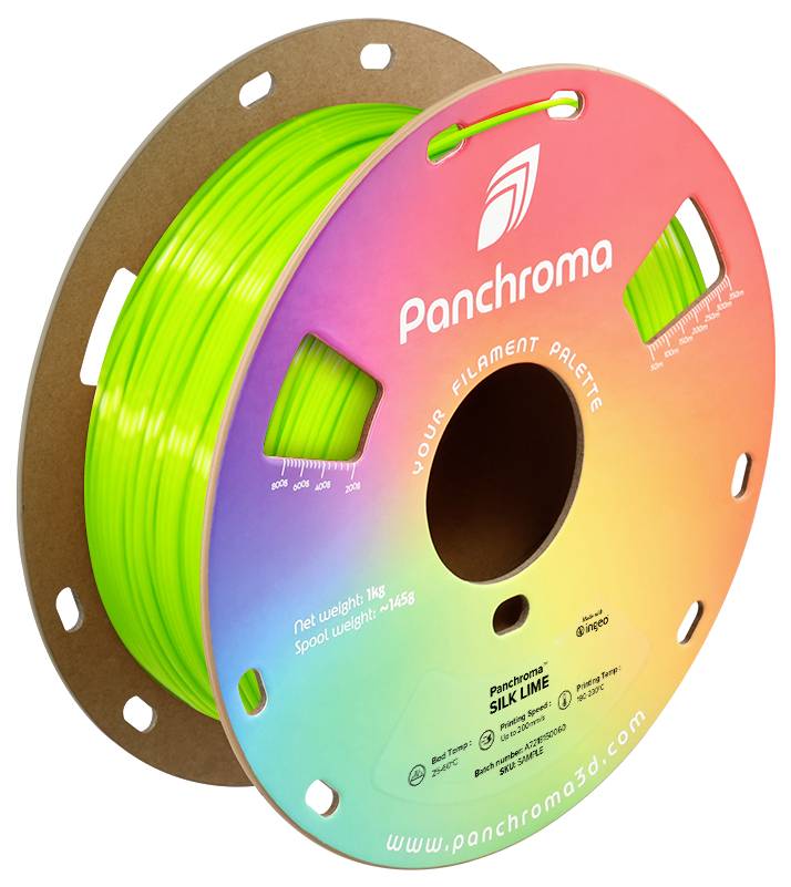 Spole med lysande grönt 3D-skrivarfilament på en rund, regnbågsfärgad kartong med texten 'Panchroma'.