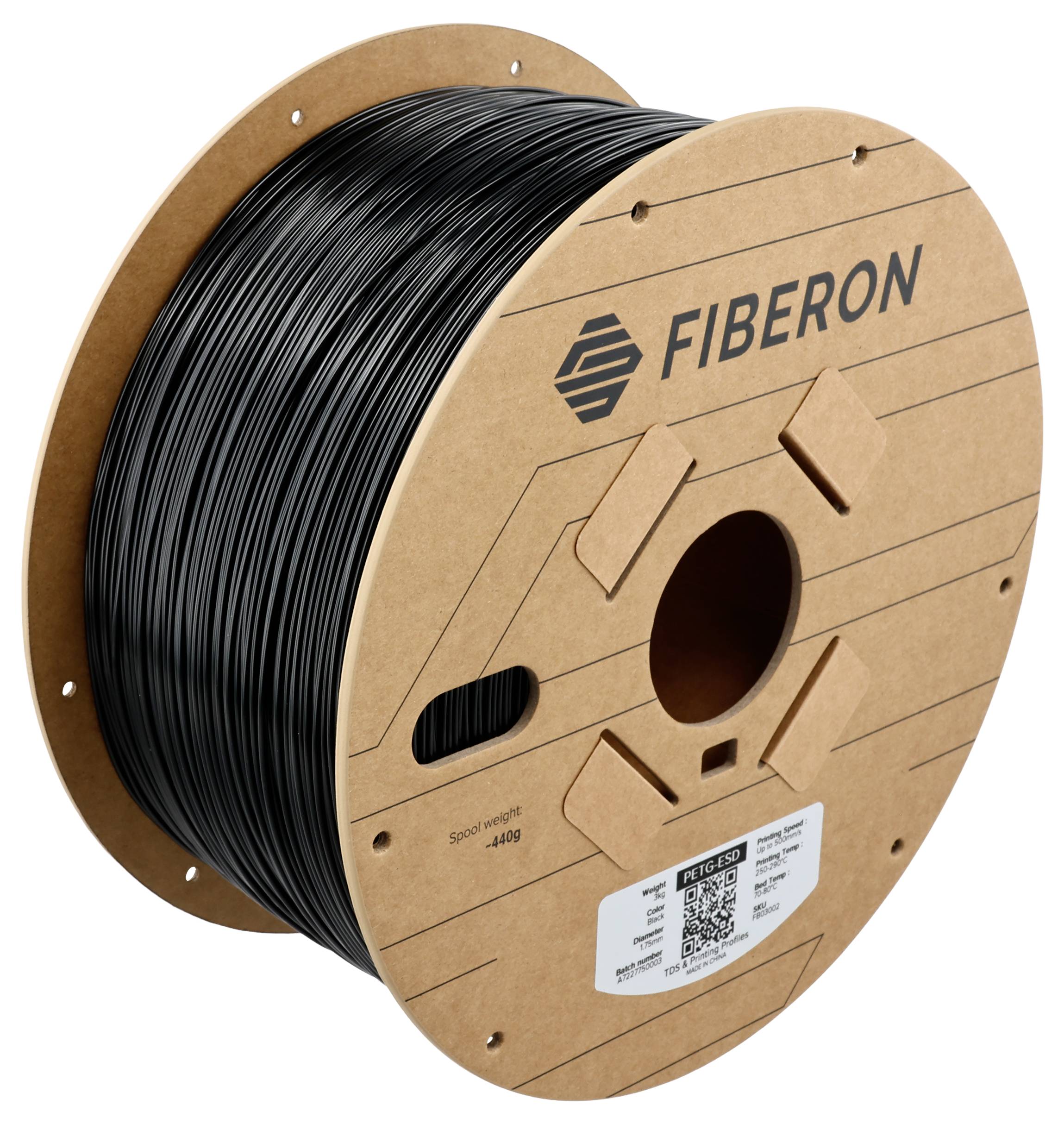 Stor rulle med svart kabel från 'Fiberon', använd för elektriska tillämpningar. Rullen består av kartong med tillverkarens logotyp.