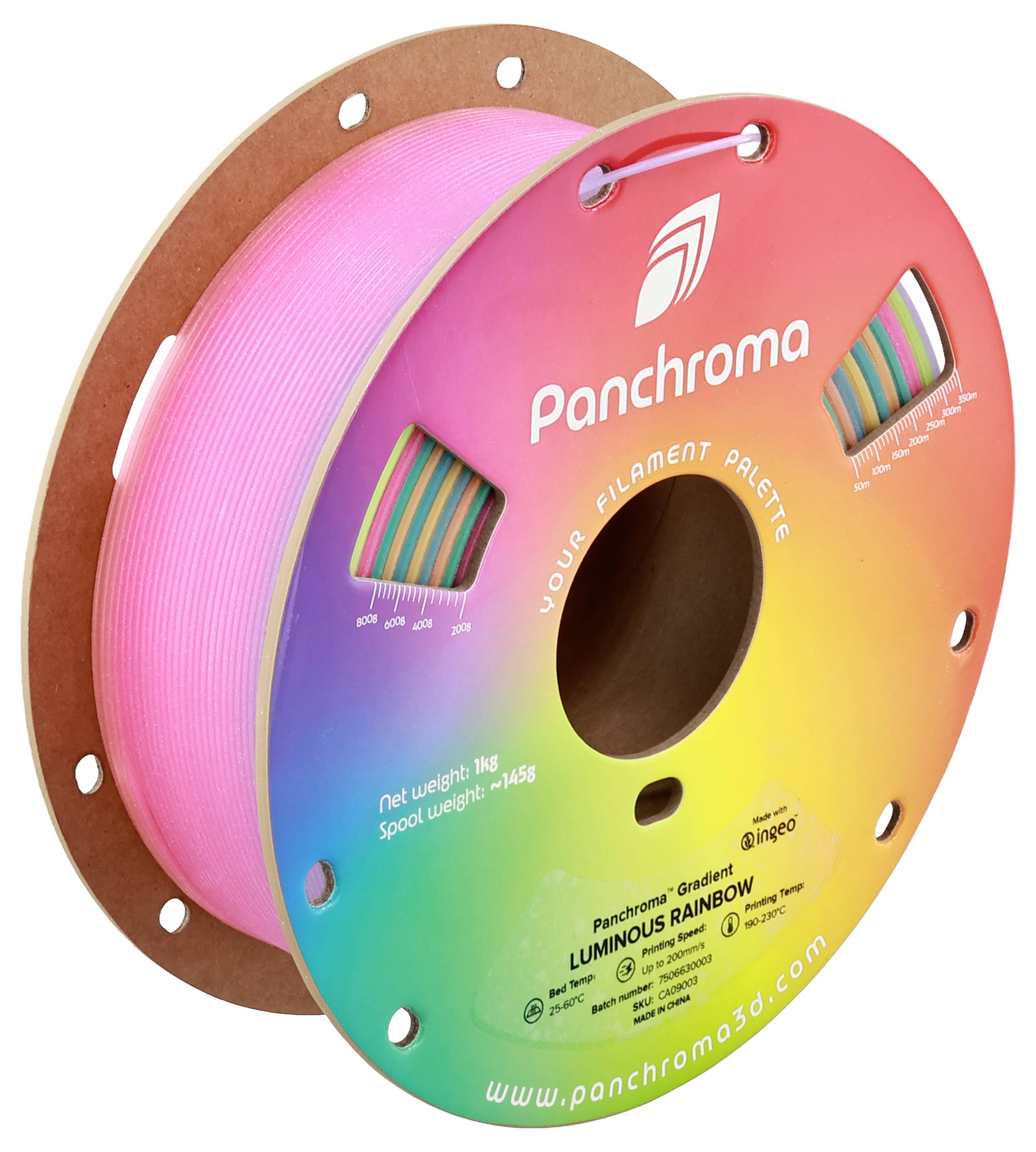 En filamentspole för 3D-skrivare i regnbågsfärger. Innehåller 1 kg 'Luminous Rainbow' filament från Panchroma.