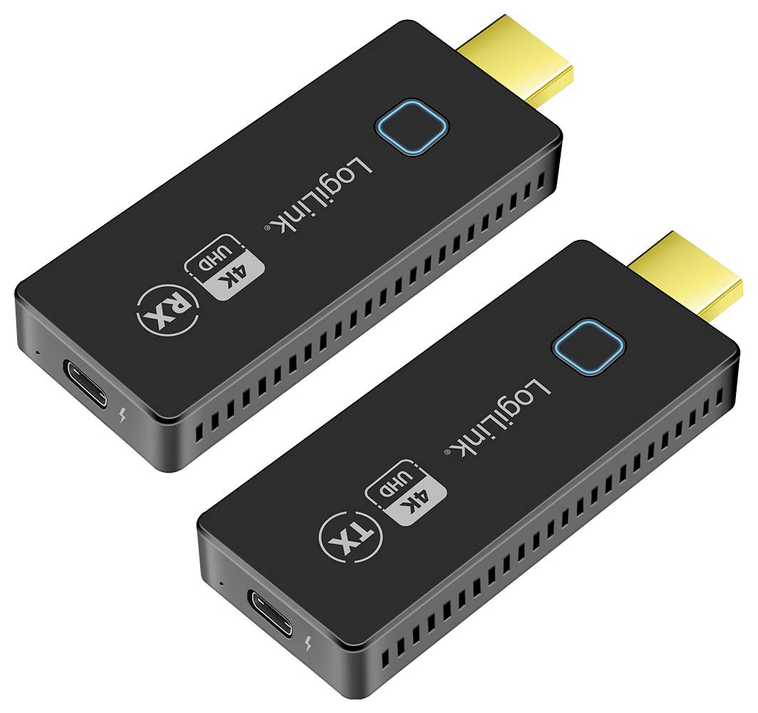 Två svarta HDMI-stickor med texten 'logi-link' och '4K UHD', en med 'RX', den andra med 'TX', guldiga anslutningar.