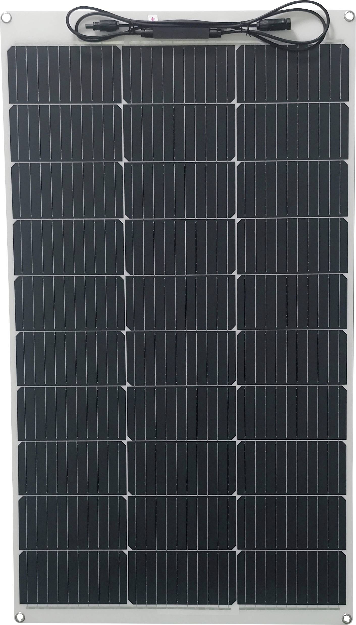 En rektangulär solpanel med svarta solceller och en kabel högst upp, lämplig för elproduktion genom solenergi.