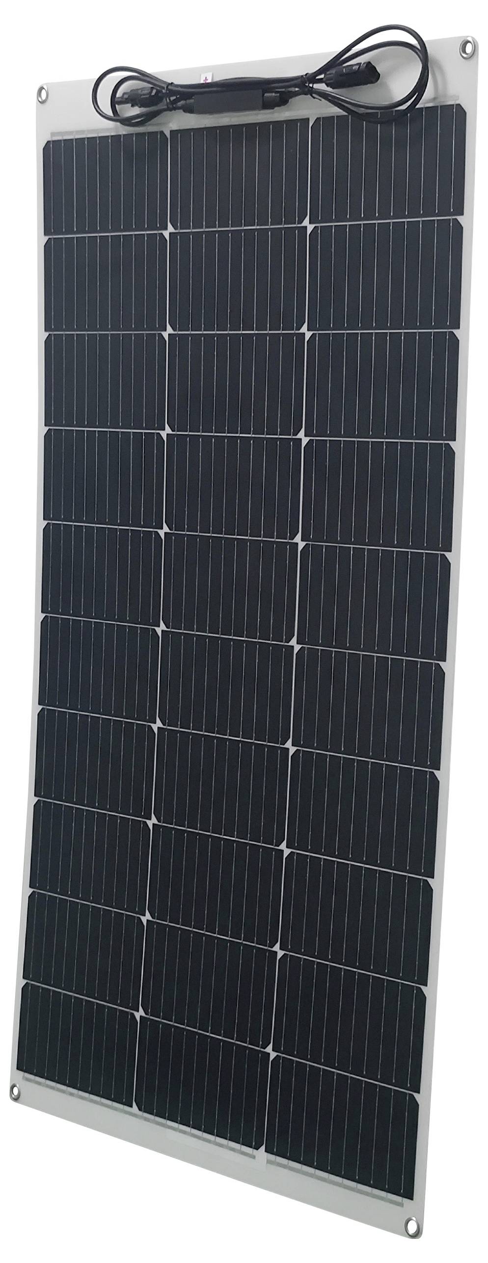 Solarpanel med rektangulära solceller i en uppställning. Ovanpå förbundet med en svart kabel för den elektriska anslutningen.