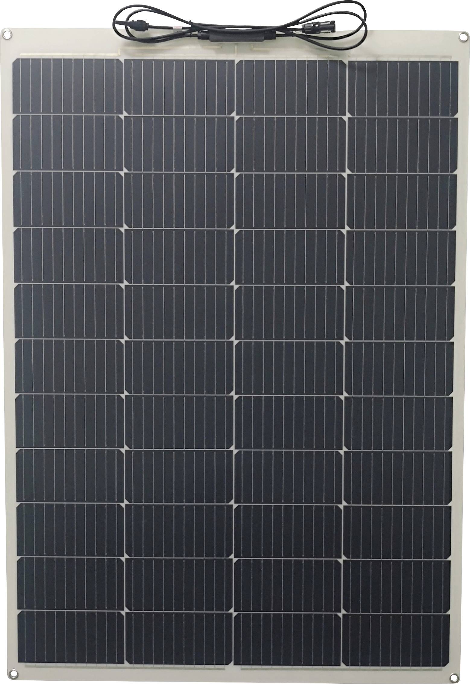 Solpanel med rektangulär layout av mörka celler och ljus ram, kabel ovanpå. Används för att generera förnybar energi.