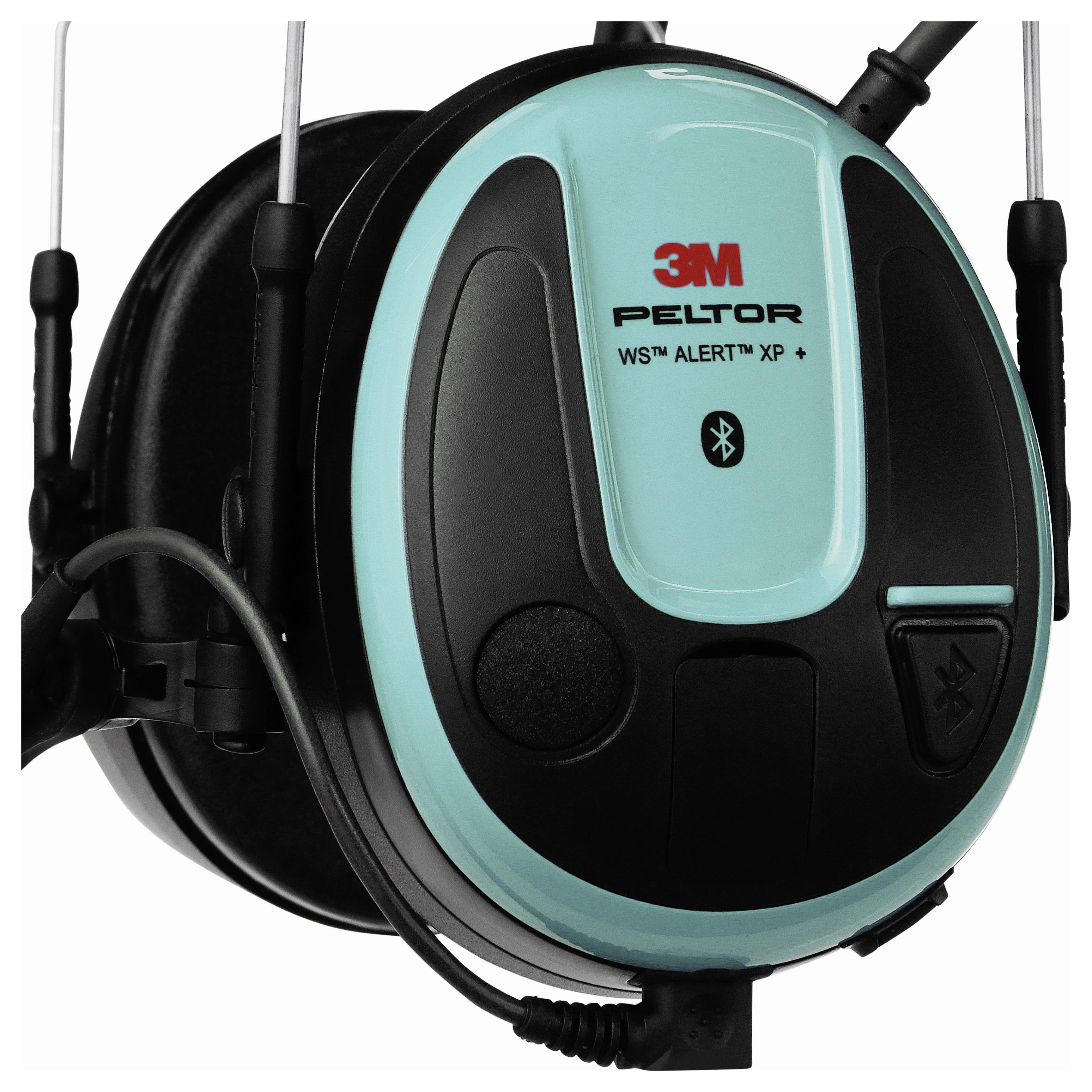 Ett svart och turkost 3M Peltor WS Alert XP+ hörselskyddsystem med Bluetooth-funktion, lämpligt för bullriga miljöer.