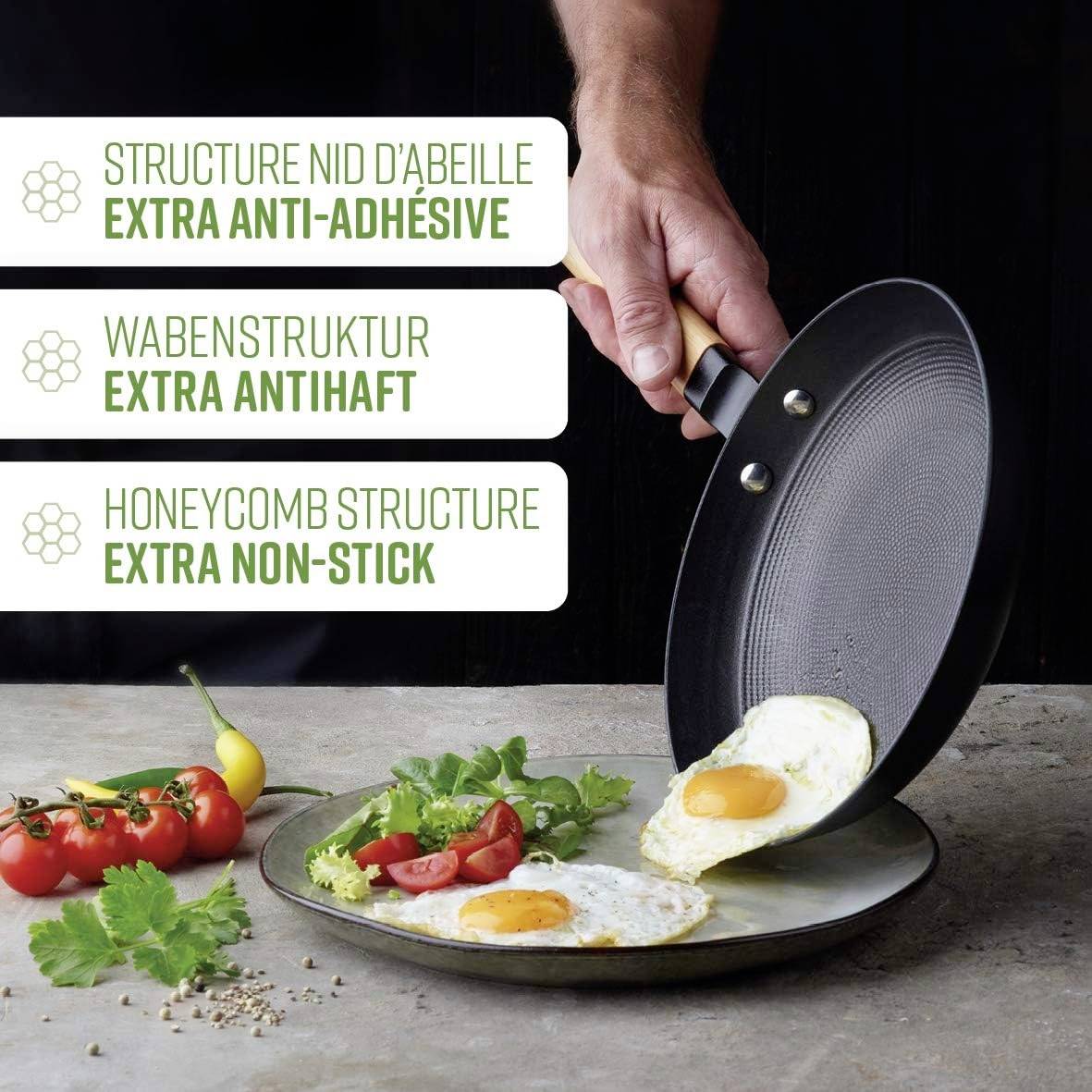 En hand håller en non-stick-stekpanna med vaxkaksstruktur. I den steks två sunny side up-ägg. Dekorerade med tomater och örter.