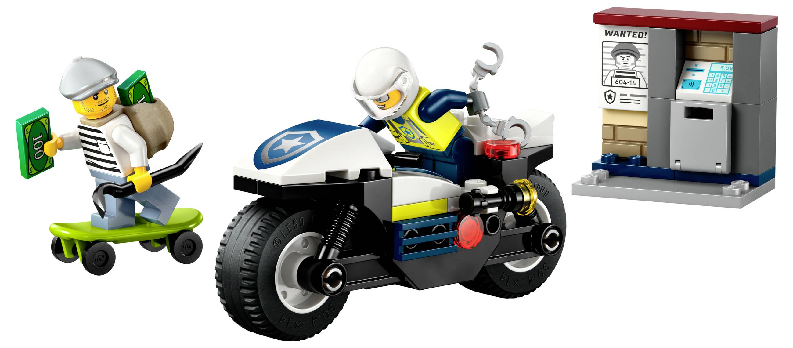 En polis på en motorcykel förföljer en tjuv på en skateboard. I bakgrunden står en bankomat med ett efterlysningsplakat.