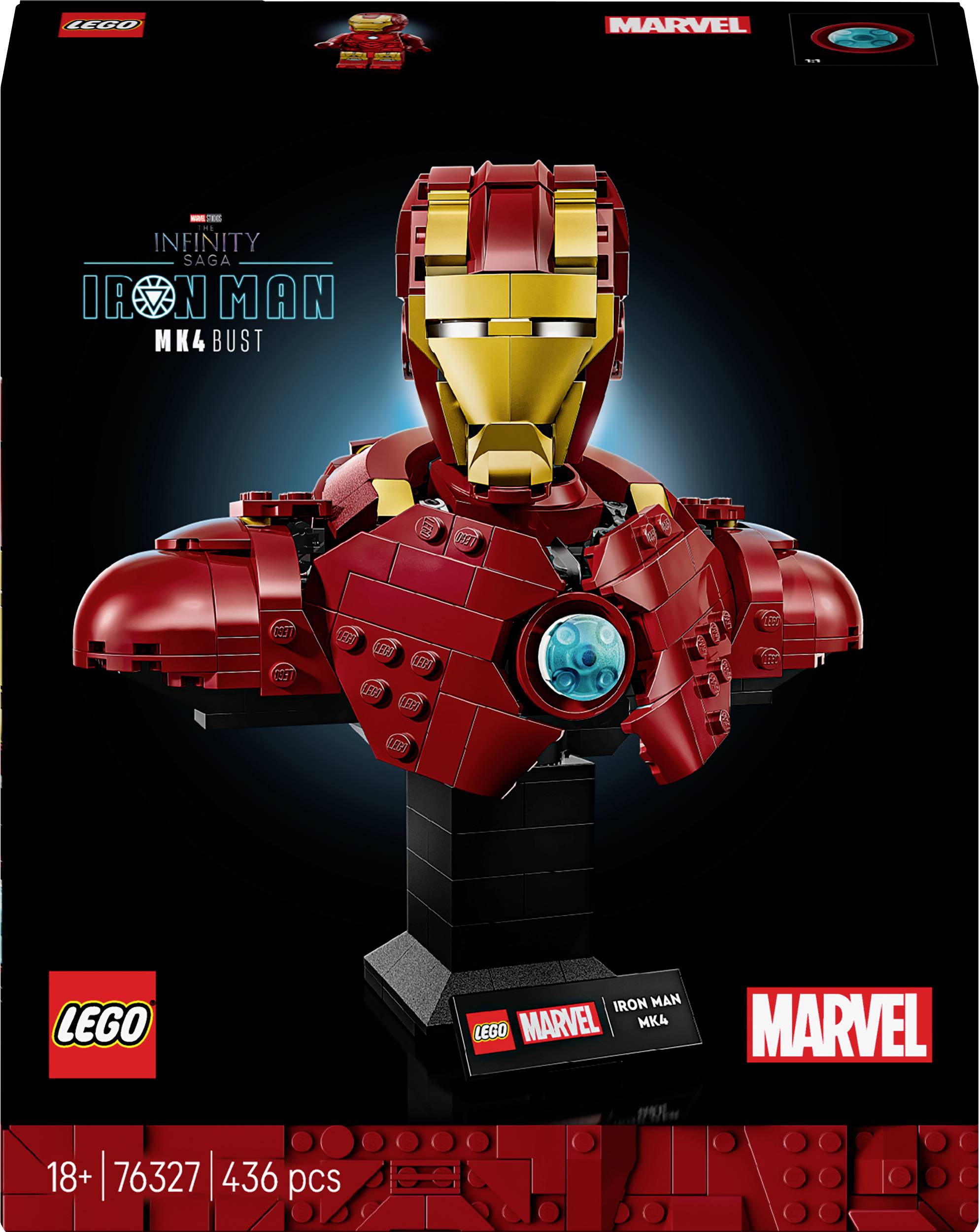LEGO byggsats av Iron Man MK4-bysten från Marvel Infinity Saga, bestående av 436 delar. Förpackning med den färdiga modellen avbildad.