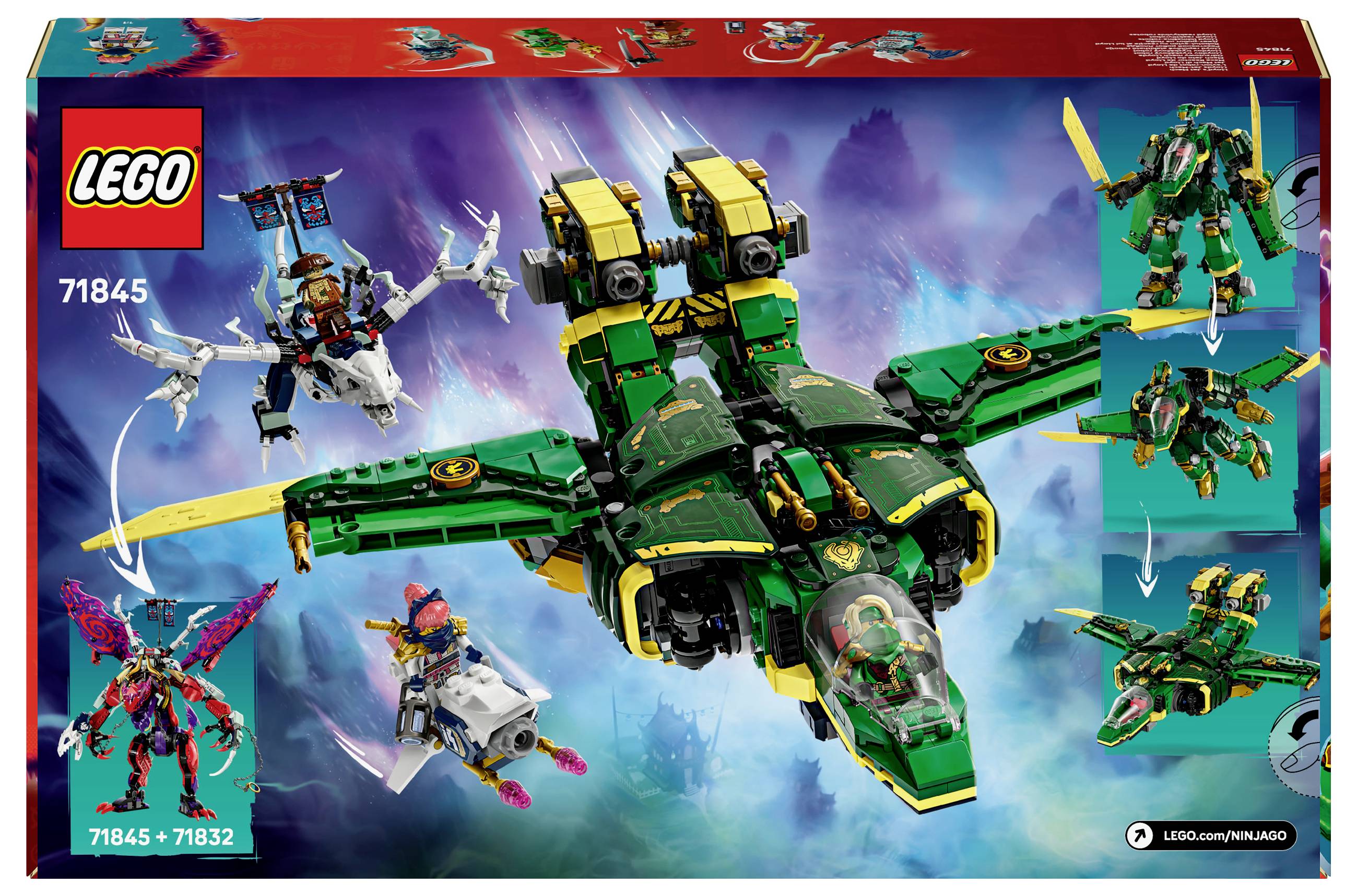 LEGO-set 71845, visar ett grönt flygplan och drakar. Innehåller figurer och tillbehör. Förpackning mot blå bakgrund.