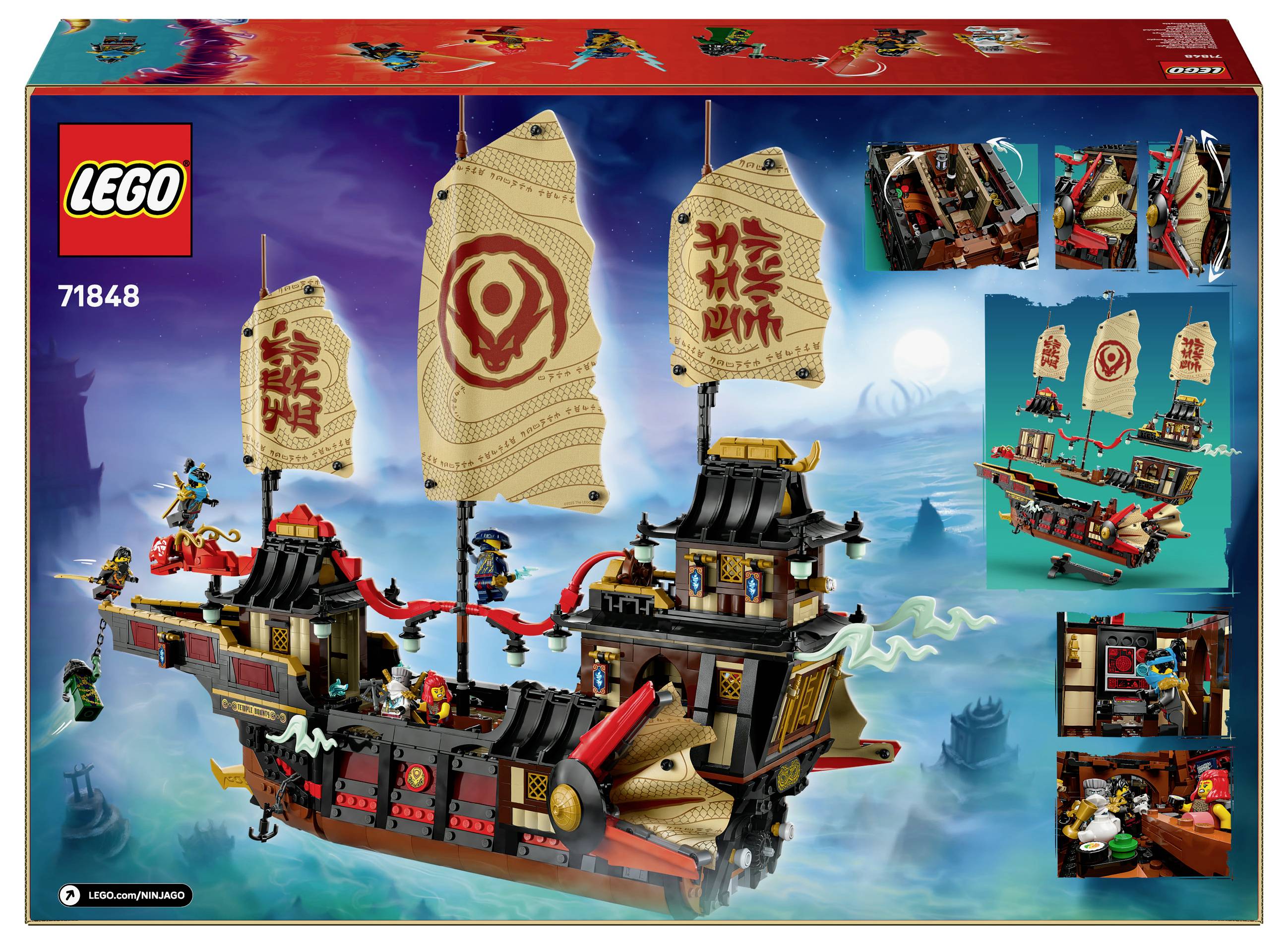 LEGO-set med ett detaljerat piratskepp och minifigurer i en fantasifull scen. Set-nummer 71848, inklusive tillbehör.